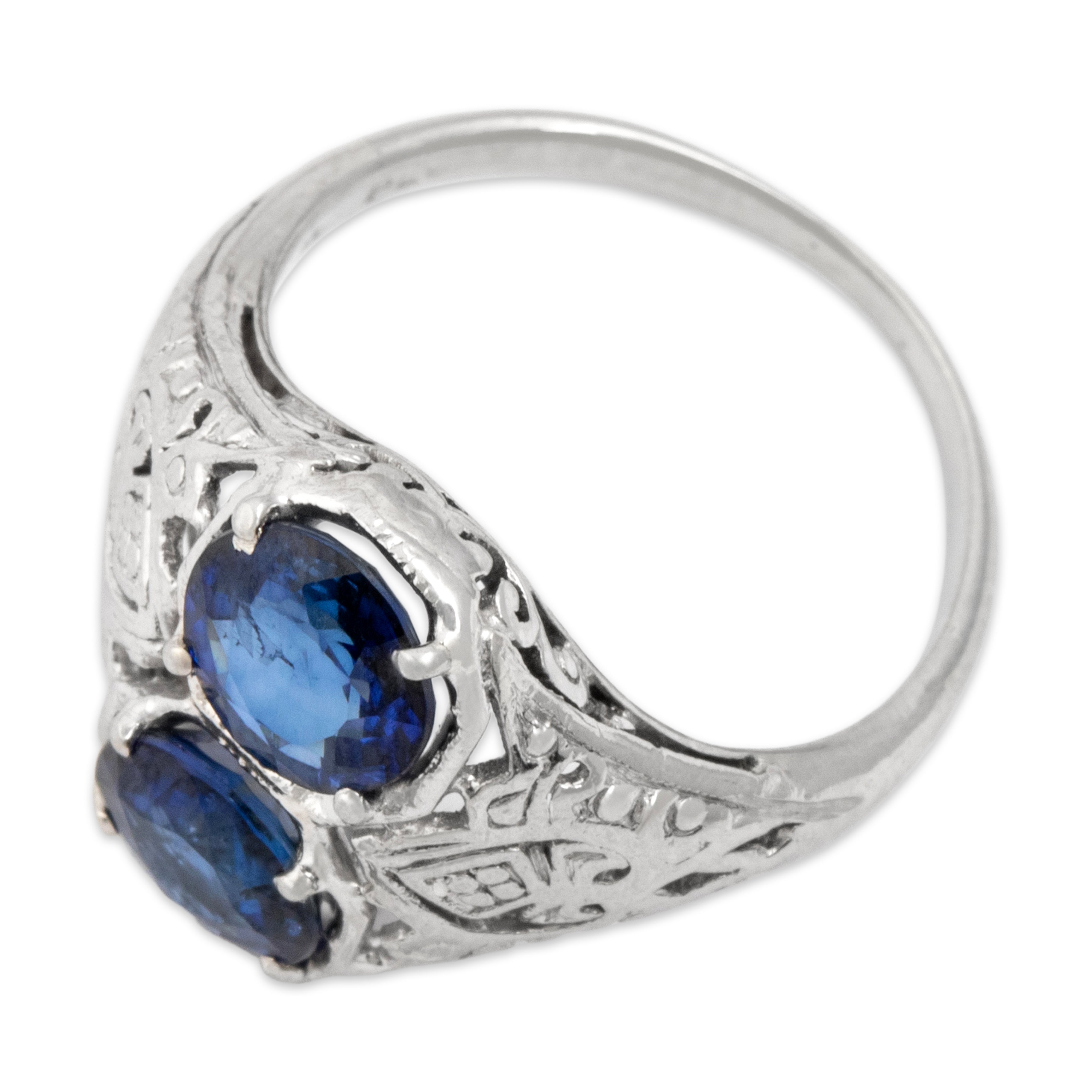 Antique Art Deco Platinum 1.4cttw Blue Sapphire Fantastic Openwork Duo Ring - Overall view