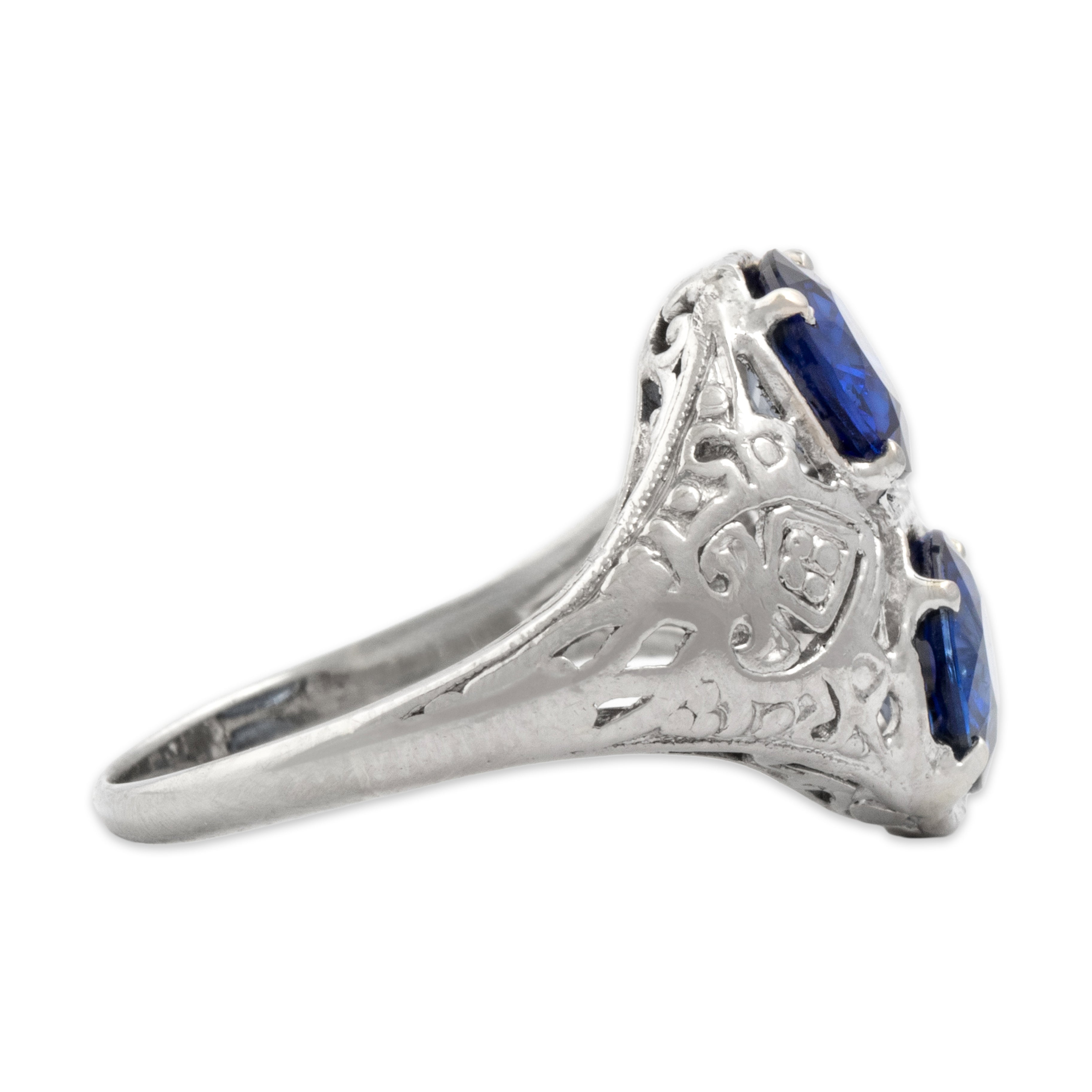 Antique Art Deco Platinum 1.4cttw Blue Sapphire Fantastic Openwork Duo Ring - Side view