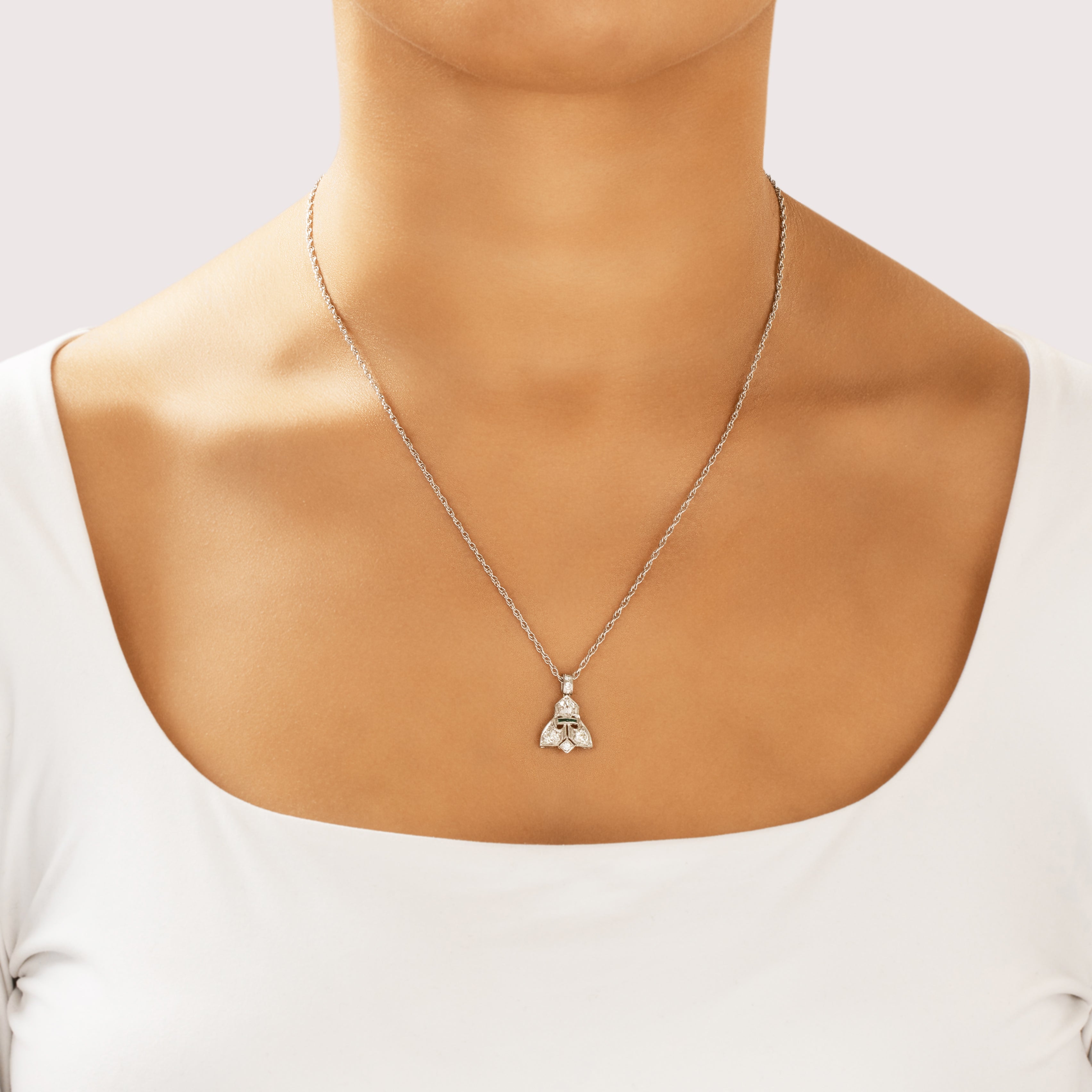Antique Art Deco Platinum .83cttw Old Mine Cut Diamond Green Glass Pendant - On model view