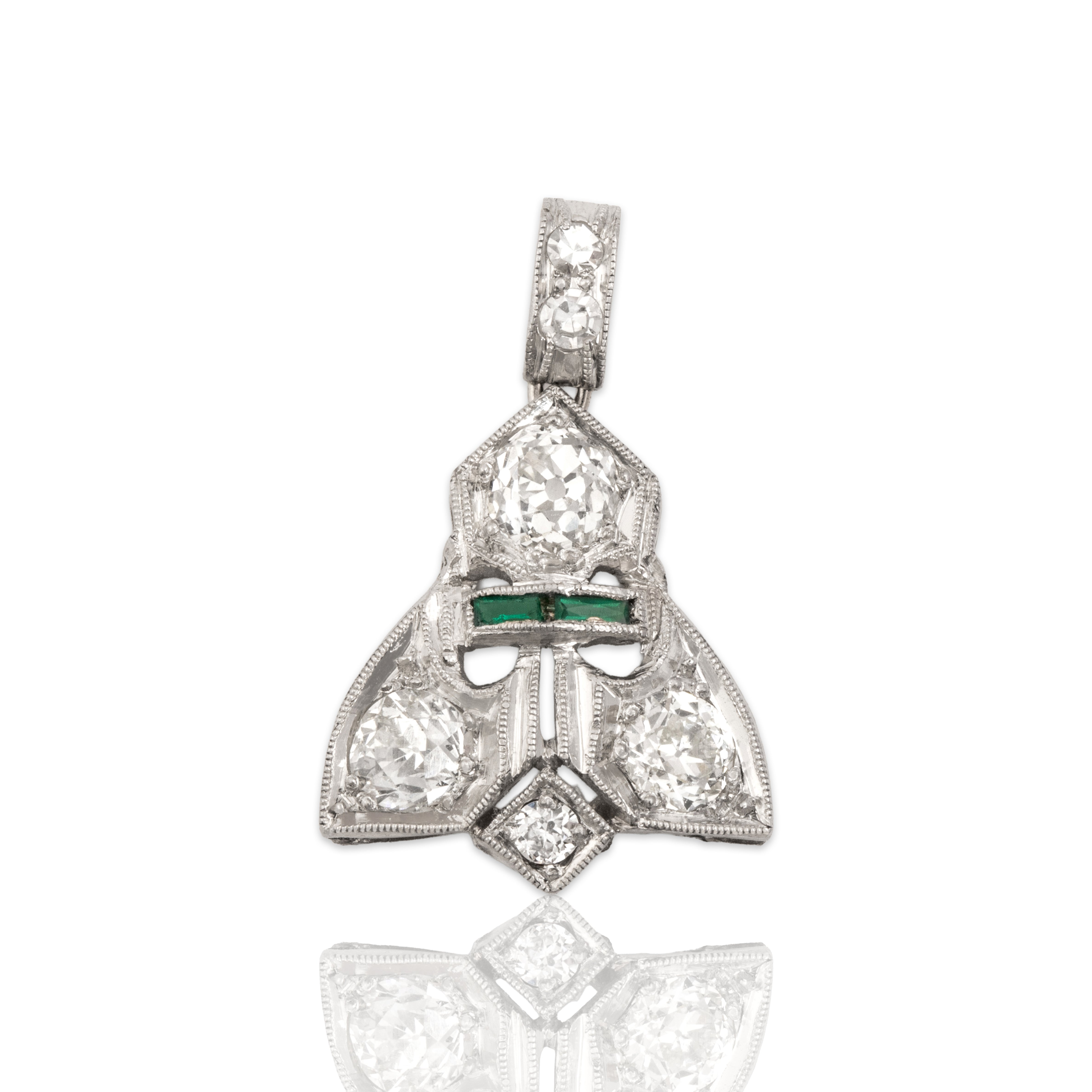 Antique Art Deco Platinum .83cttw Old Mine Cut Diamond Green Glass Pendant - Close-up view
