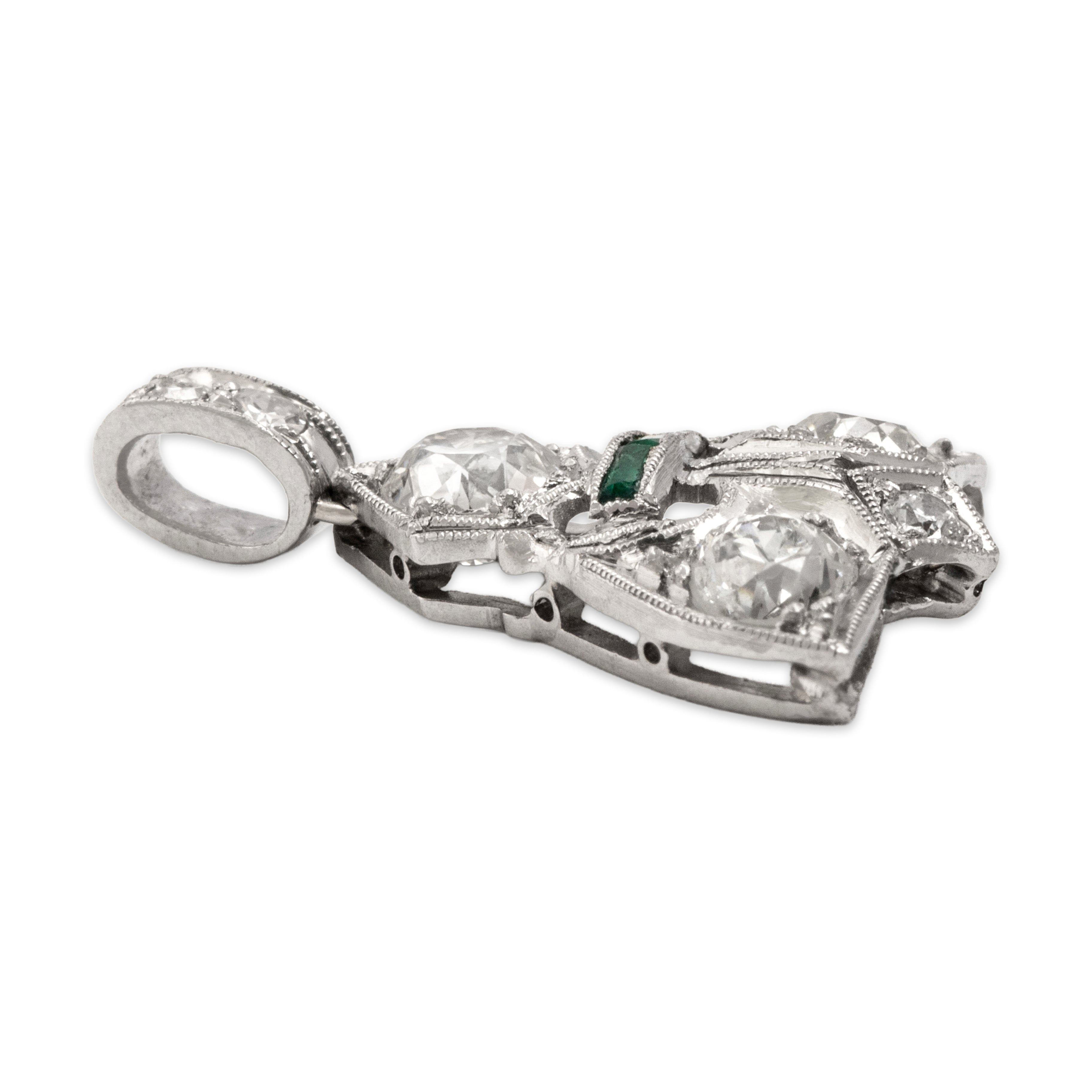 Antique Art Deco Platinum .83cttw Old Mine Cut Diamond Green Glass Pendant - Side view