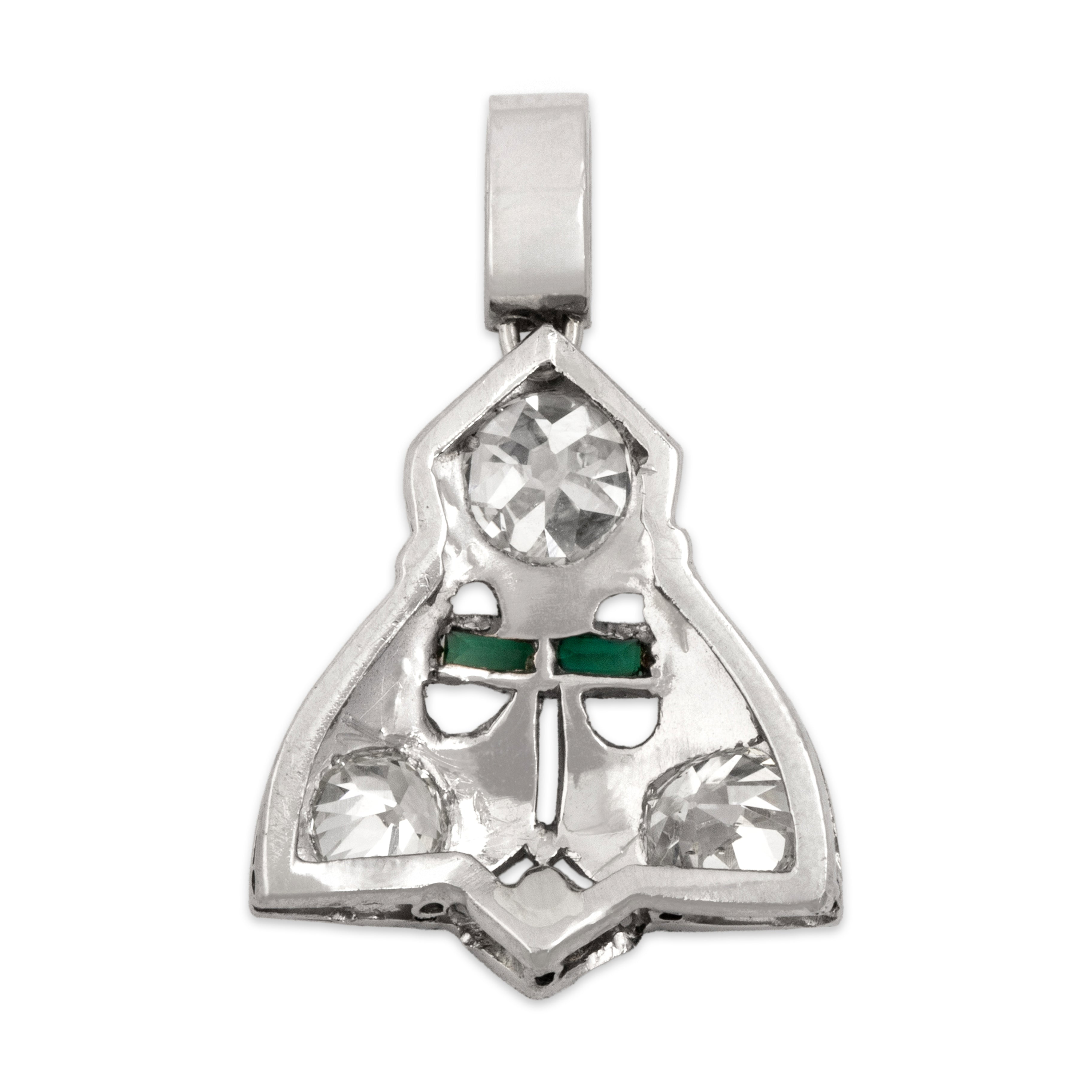 Antique Art Deco Platinum .83cttw Old Mine Cut Diamond Green Glass Pendant - Back view