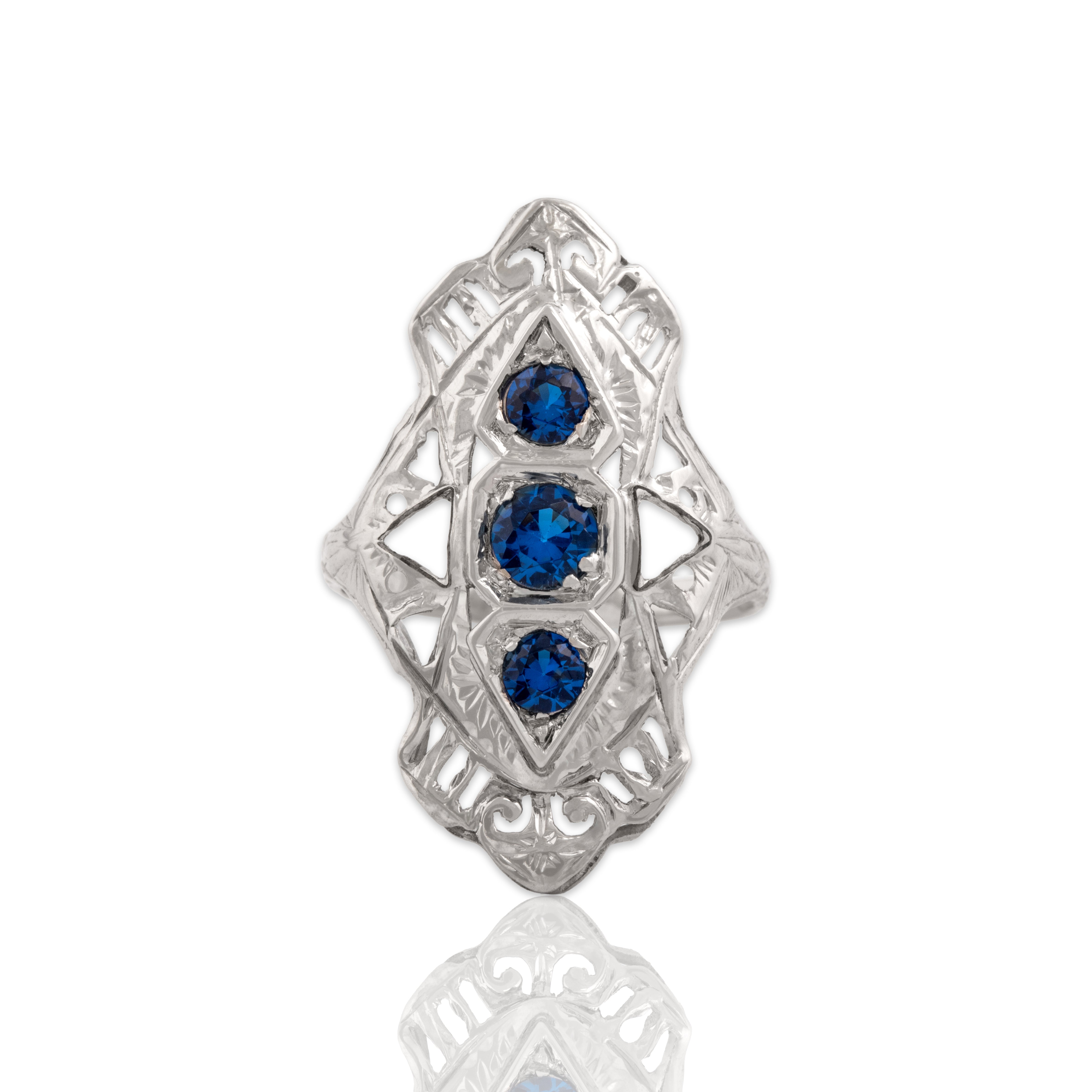 Antique Art Deco 14k White Gold .52cttw Blue Synthetic Spinel Vivid Elongated Openwork Shield Ring - Close-up view