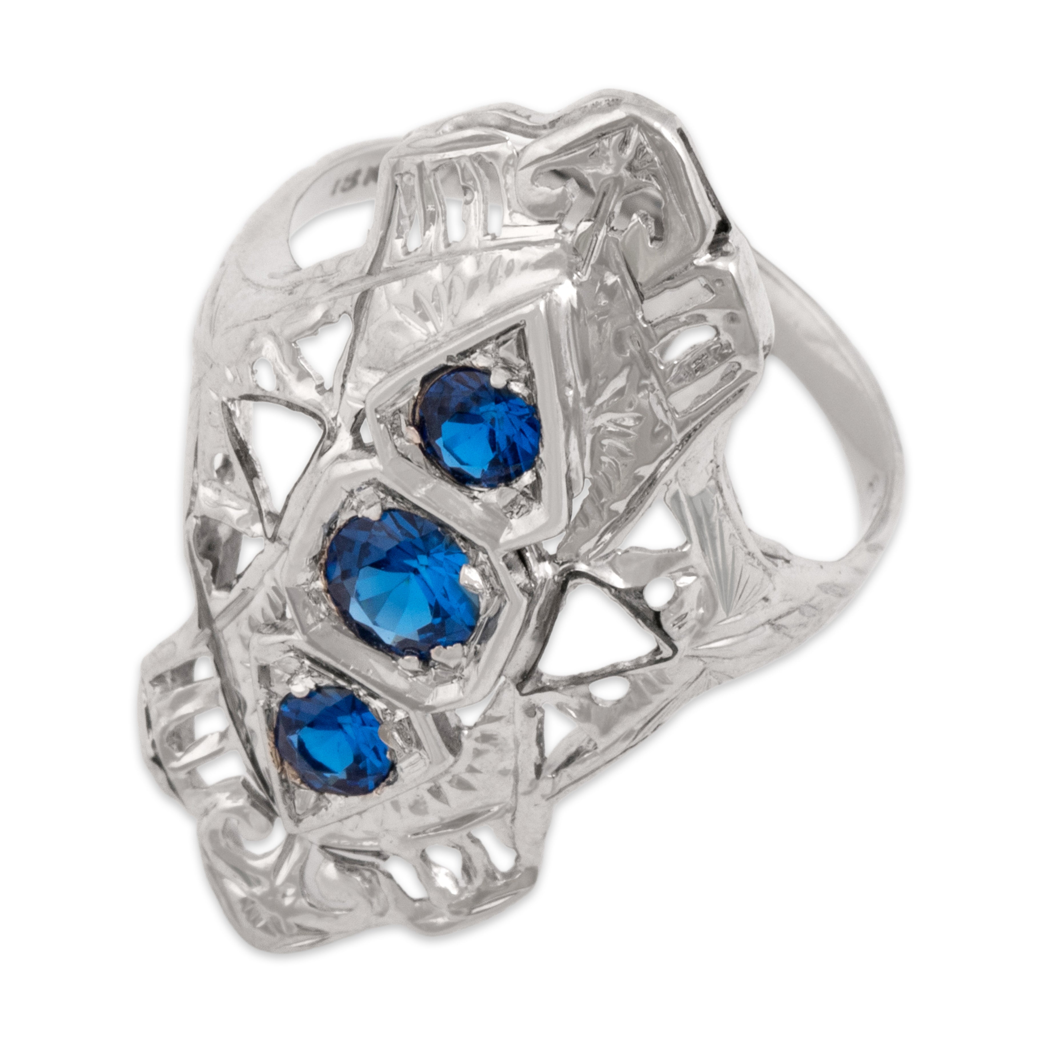 Antique Art Deco 14k White Gold .52cttw Blue Synthetic Spinel Vivid Elongated Openwork Shield Ring - Side view