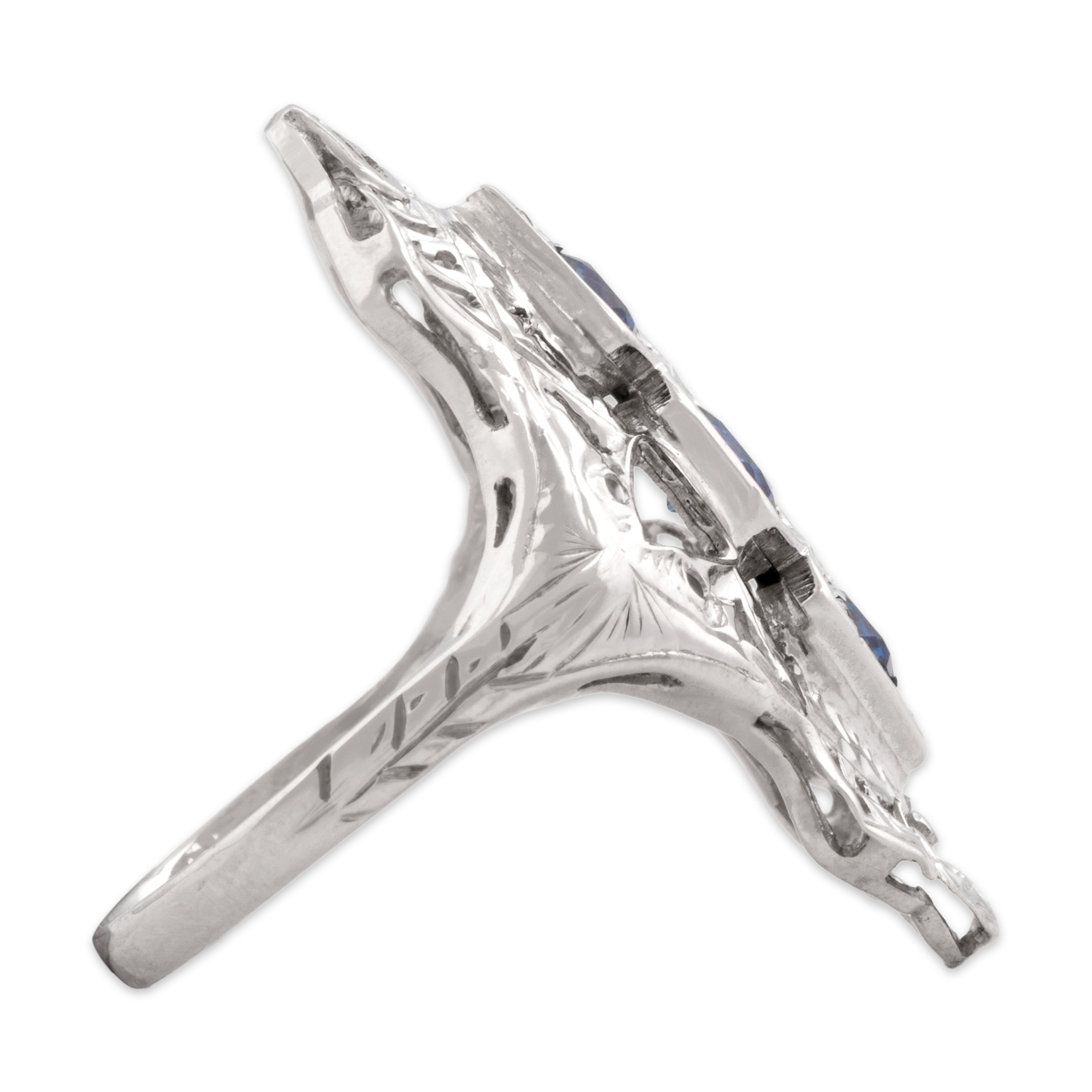 Antique Art Deco 14k White Gold .52cttw Blue Synthetic Spinel Vivid Elongated Openwork Shield Ring - Side view