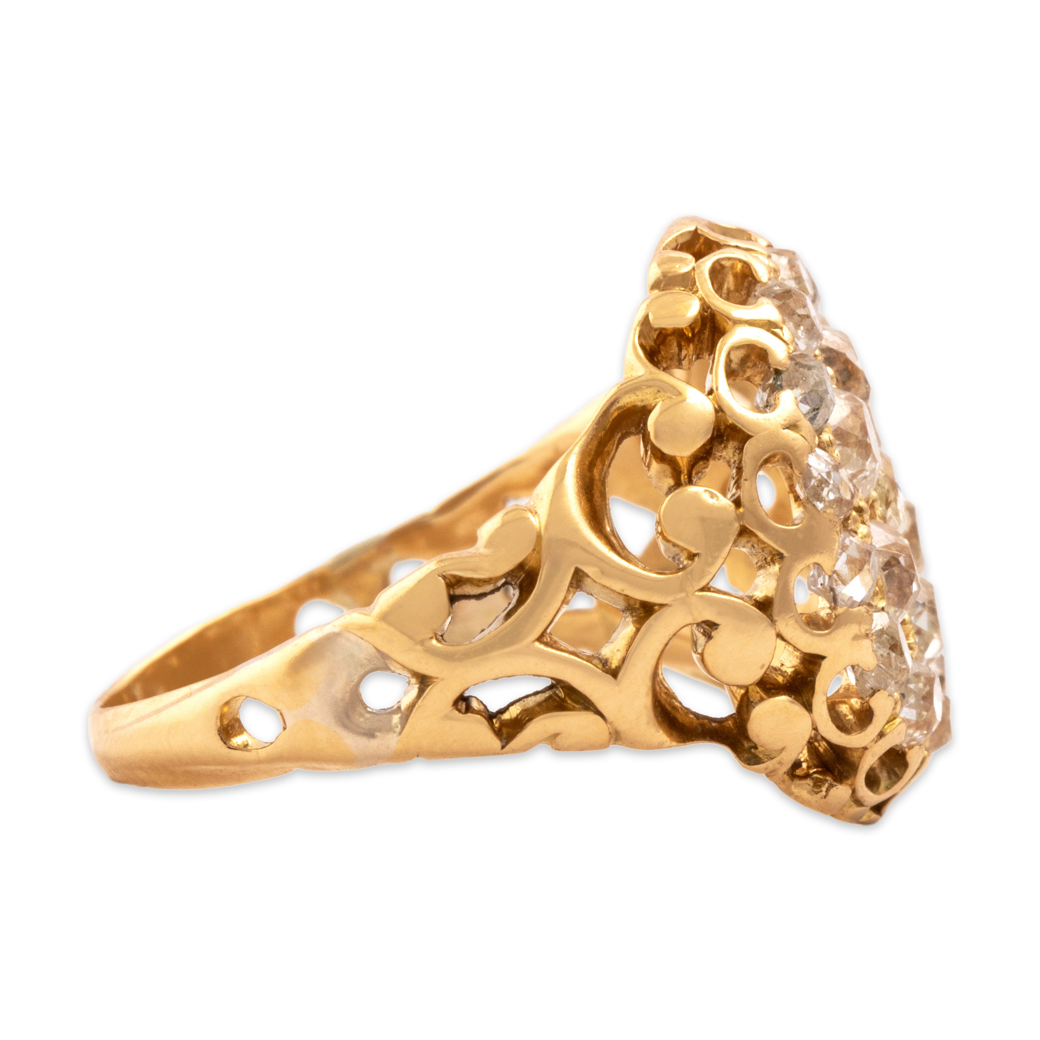 Antique 18k Yellow Gold 1.26cttw Old Mine Cut Diamond Spectacular Swirling Openwork Disc Ring - Side view