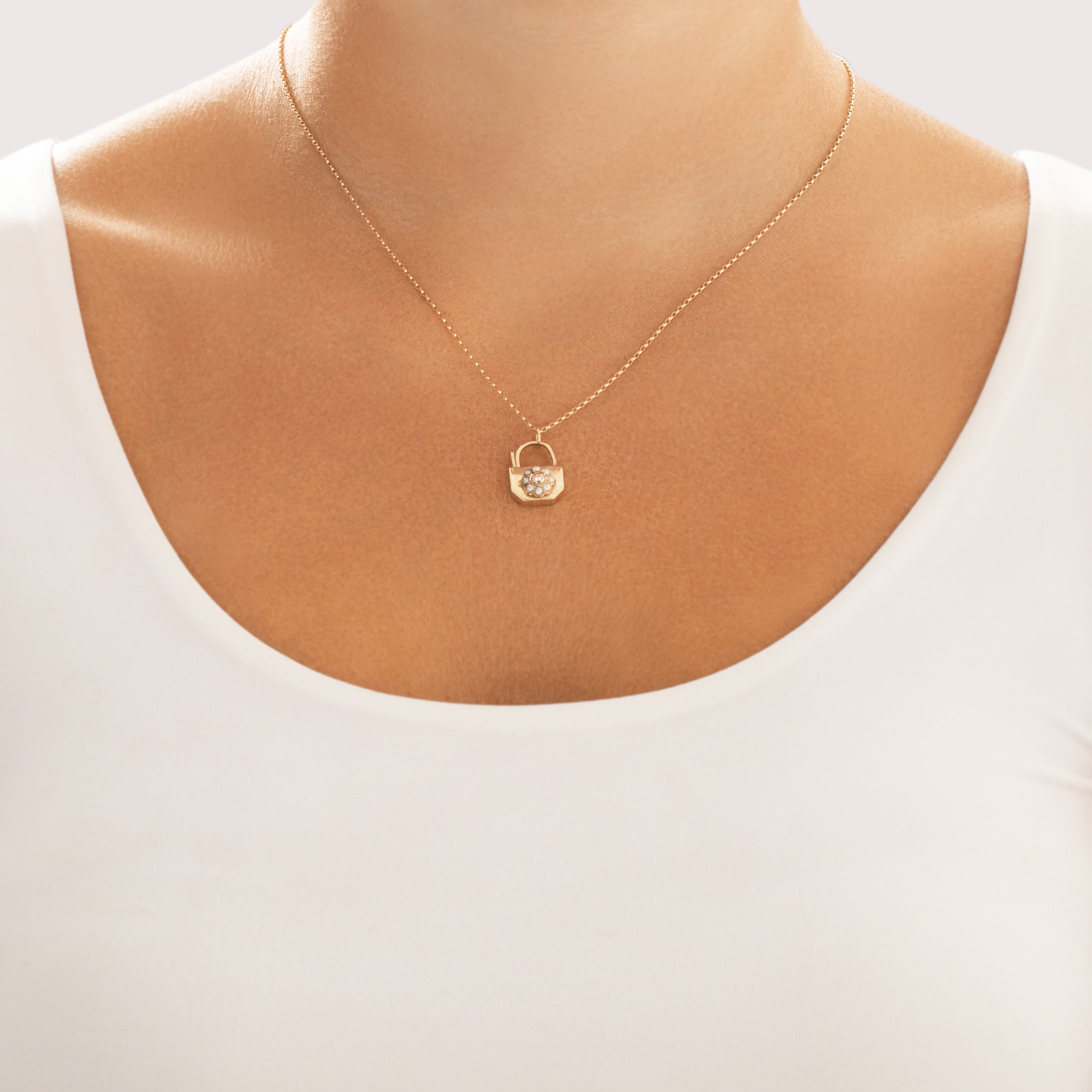 Antique Victorian 9k Yellow Gold Diamond Pearl Adorable Floriform Padlock Charm / Pendant - On model view
