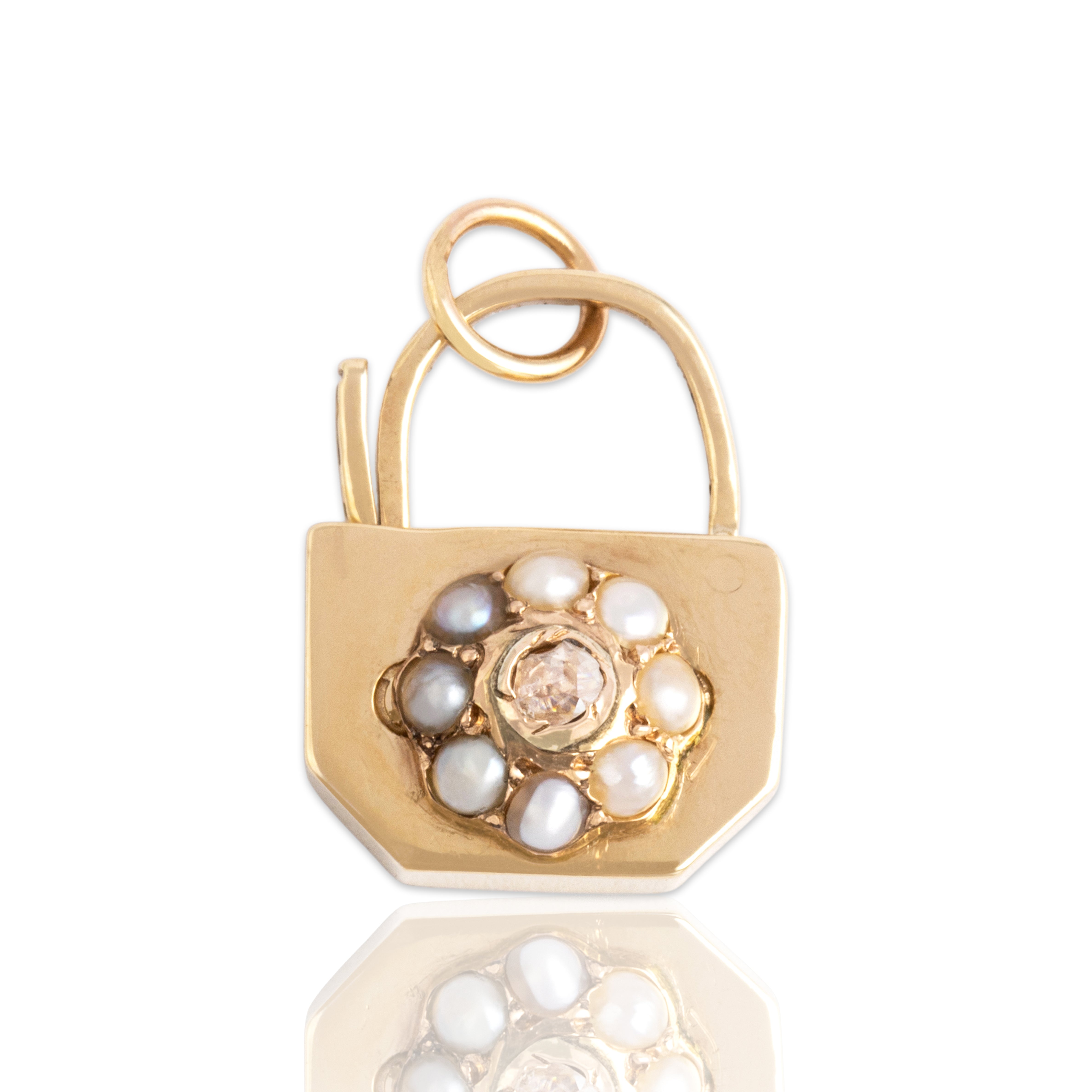 Antique Victorian 9k Yellow Gold Diamond Pearl Adorable Floriform Padlock Charm / Pendant - Close-up view