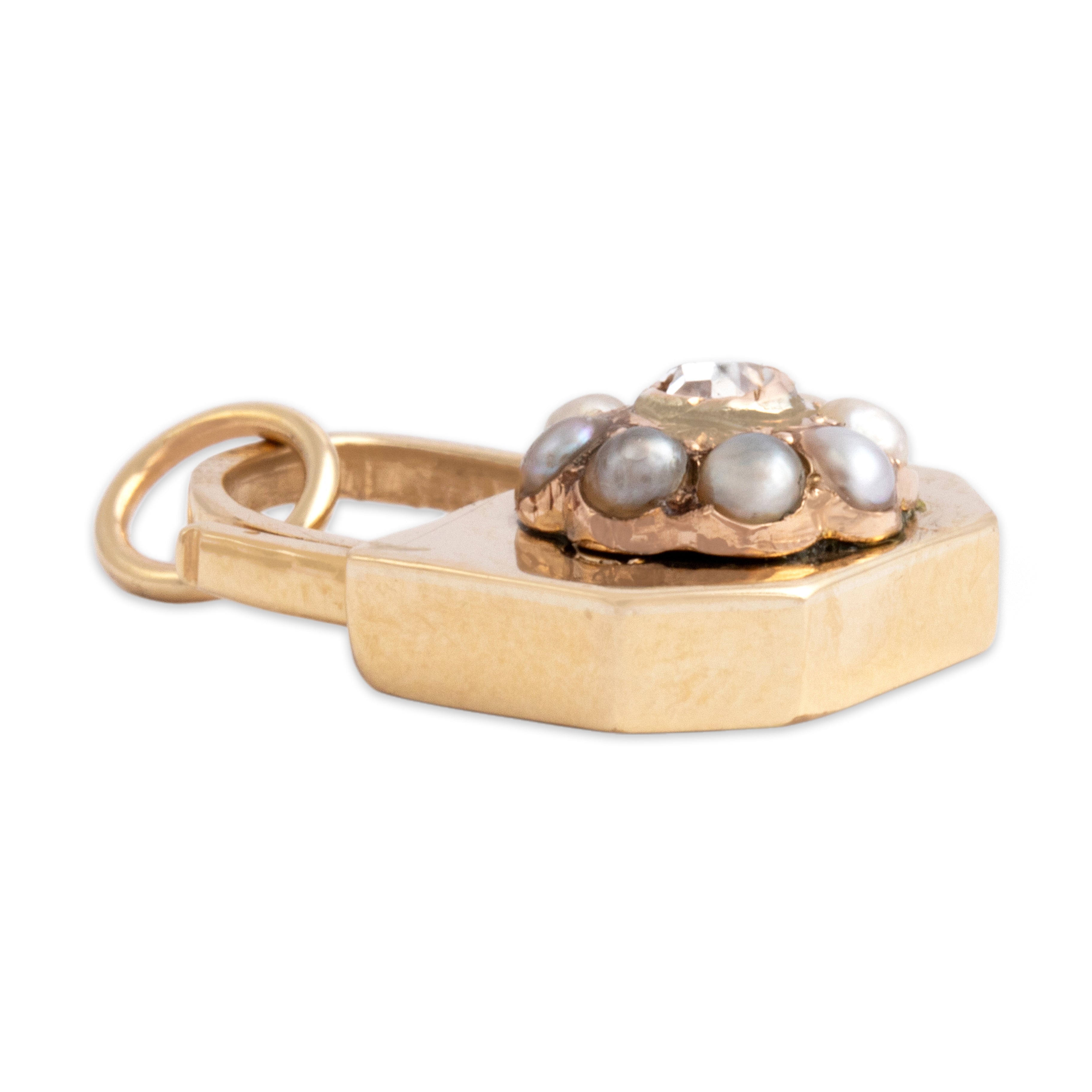 Antique Victorian 9k Yellow Gold Diamond Pearl Adorable Floriform Padlock Charm / Pendant - Side view