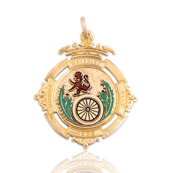 Antique Victorian Scottish 9k Rosy Yellow Gold Large Enamel Cycling Medal Charm