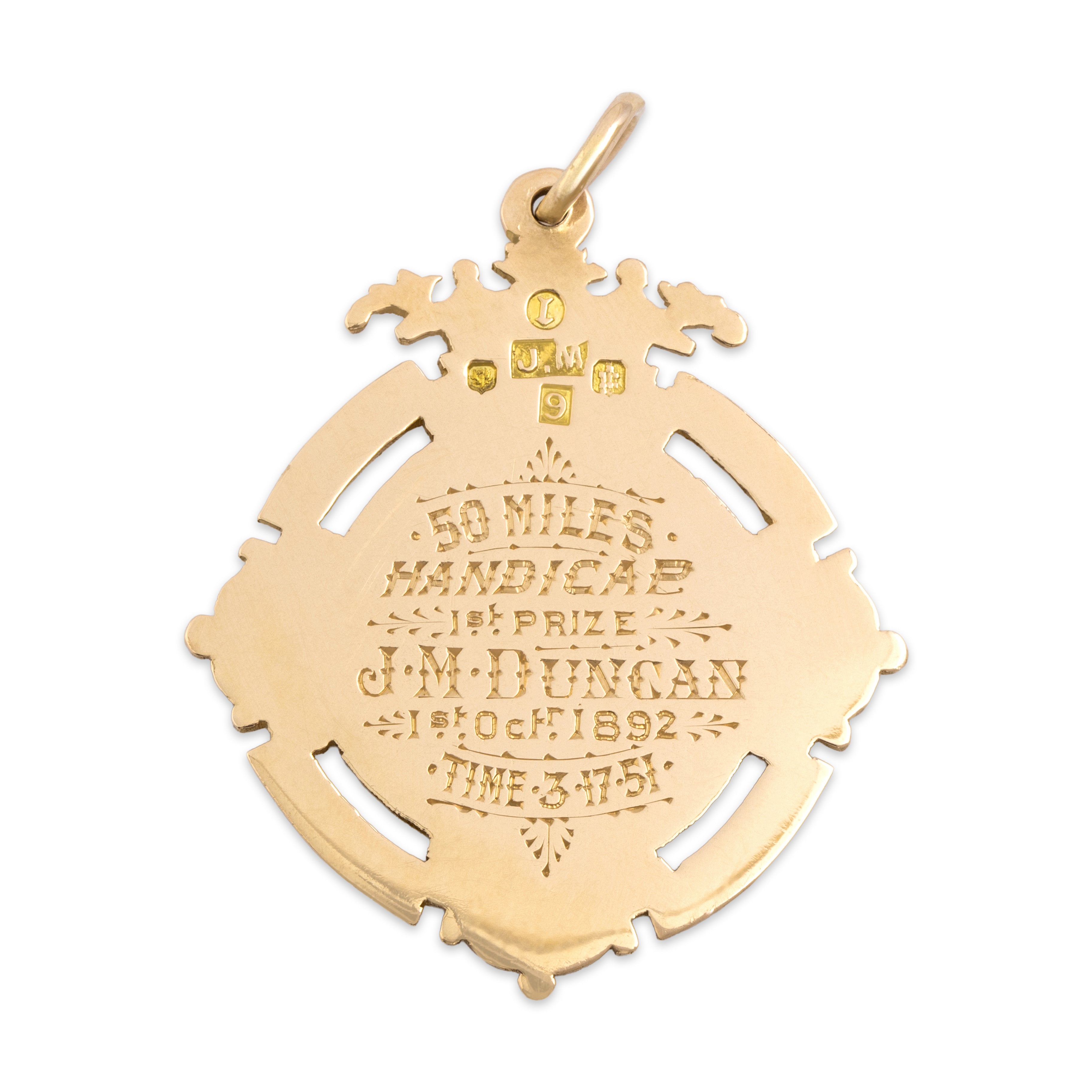 Antique Victorian Scottish Heavy 9k Rosy Yellow Gold Fantastic Waverley Roads Club Cycling Medal Lion Thistle Enamel Dated 1892 Charm / Pendant - Back view