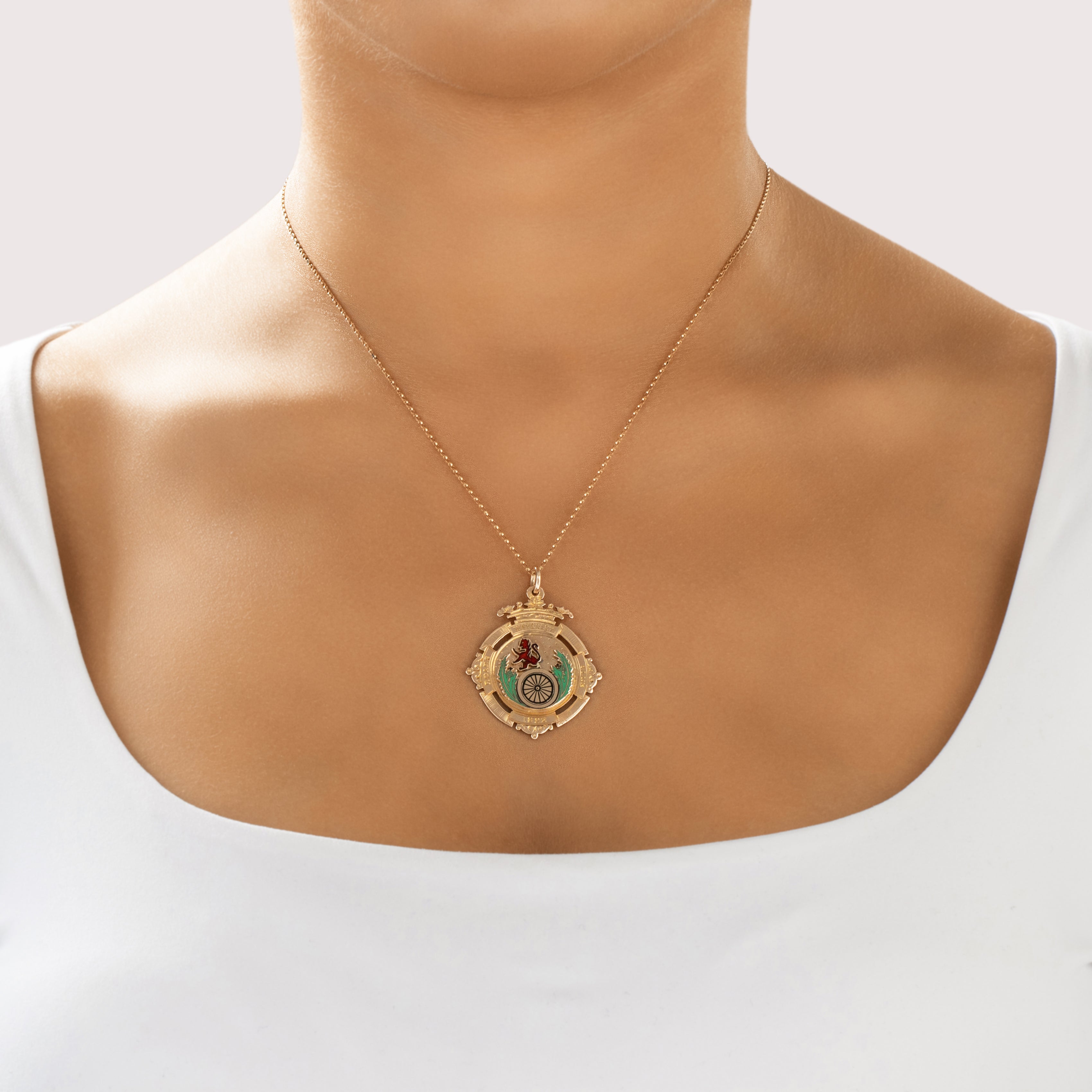 Antique Victorian Scottish Heavy 9k Rosy Yellow Gold Fantastic Waverley Roads Club Cycling Medal Lion Thistle Enamel Dated 1892 Charm / Pendant - On model view