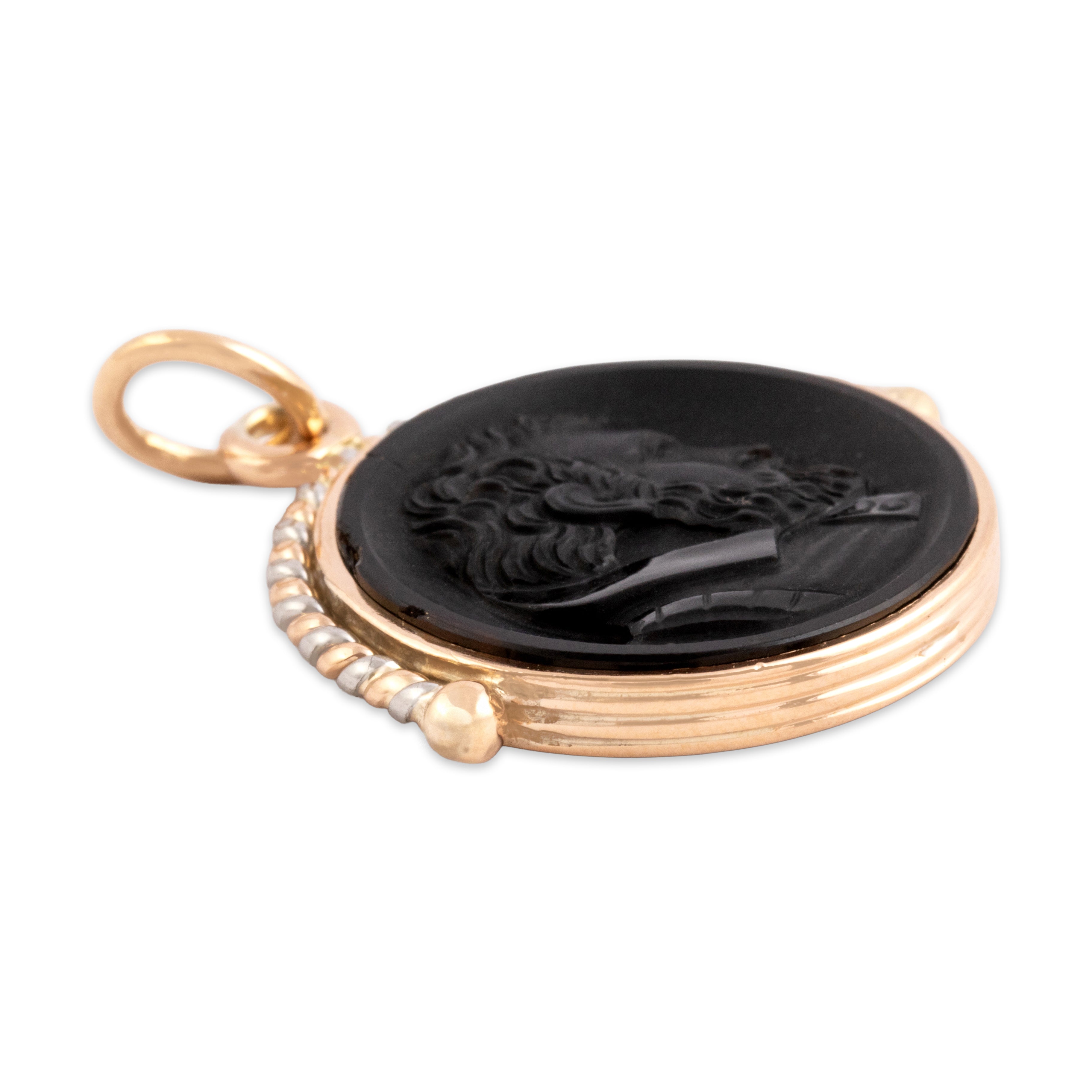 Antique Victorian 14k Rosy Yellow Gold & Platinum Sardonyx Striking Shakespeare Cameo Charm / Pendant - Side view