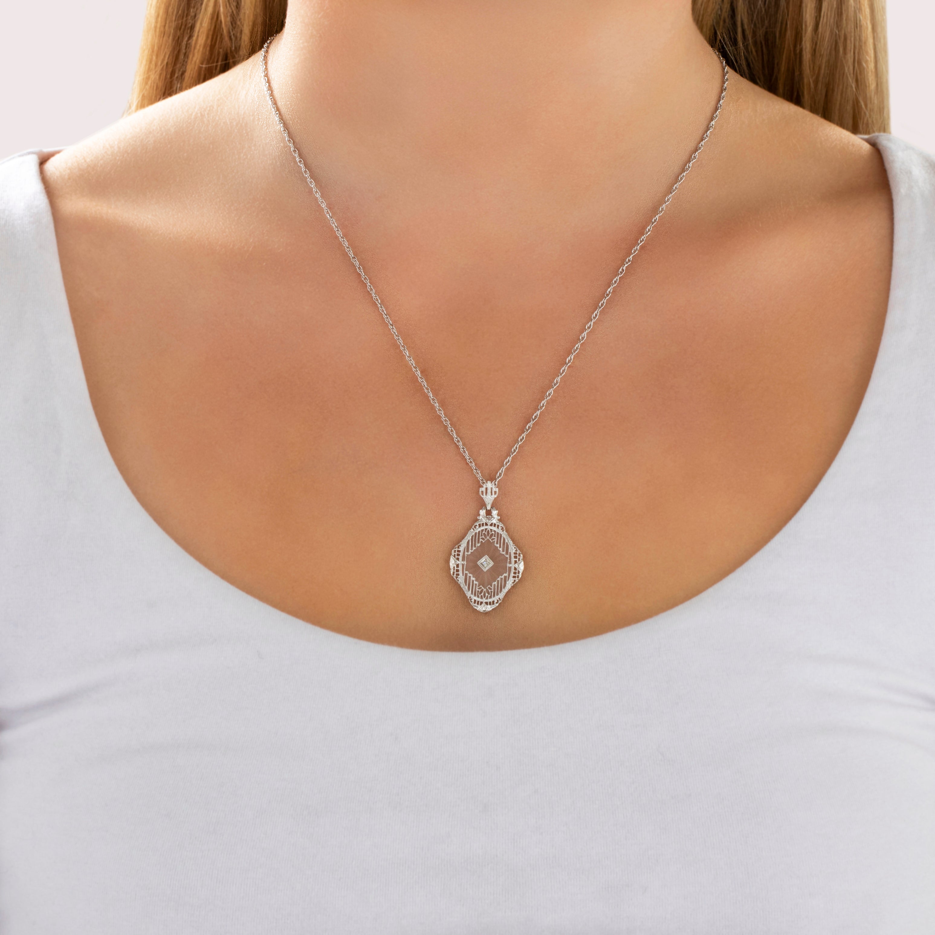 Antique Art Deco 14k White Gold Camphor Glass Diamond Fantastic Ornate Oval Drop Pendant - On model view