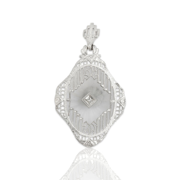 Antique Art Deco 14k White Gold Diamond Camphor Glass Ornate Oval Pendant