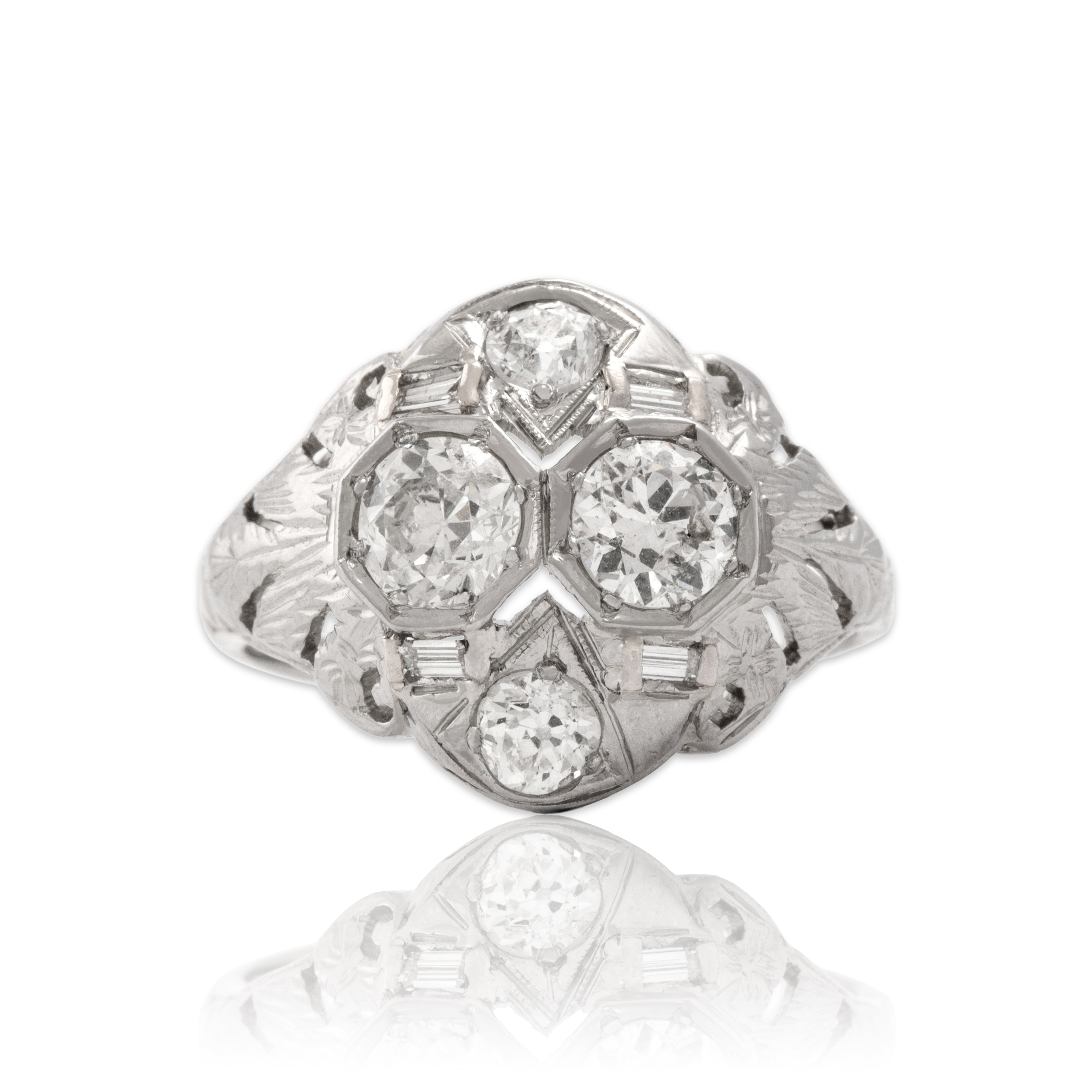 Antique Art Deco 14k White Gold 1.37cttw Old European & Old Mine Cut Diamond Ring 8.25