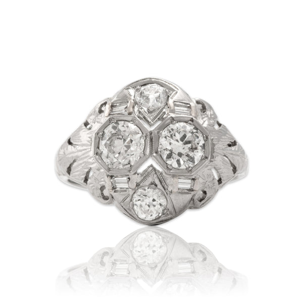 Antique Art Deco 14k White Gold 1.37cttw Old European & Old Mine Cut Diamond Ring 8.25
