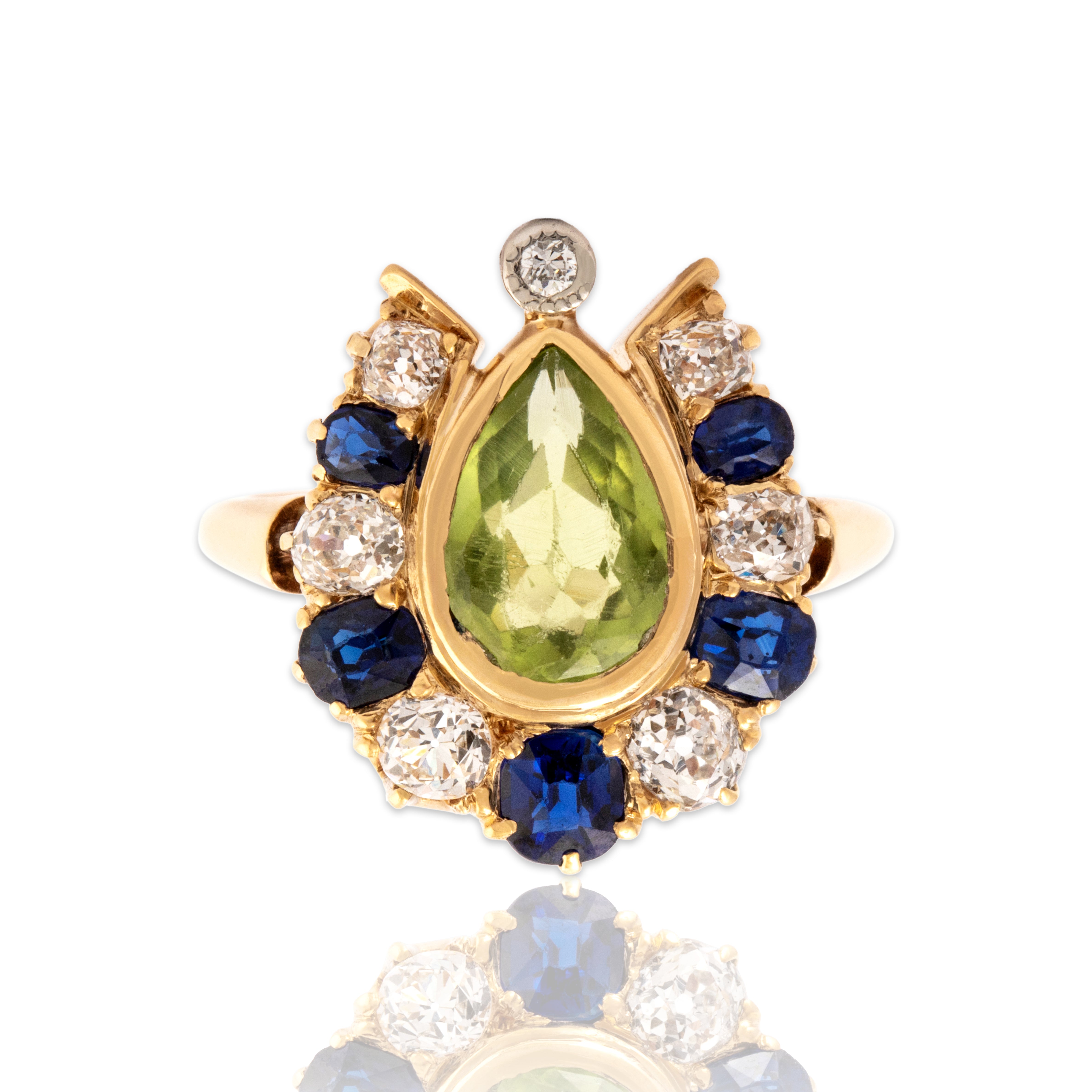 Antique 14k Yellow Gold 1.16ct Peridot Blue Sapphire Old Mine Cut Diamond Ring 4.25