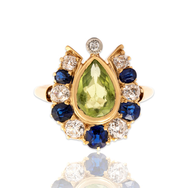 Antique 14k Yellow Gold 1.16ct Peridot Blue Sapphire Old Mine Cut Diamond Ring 4.25
