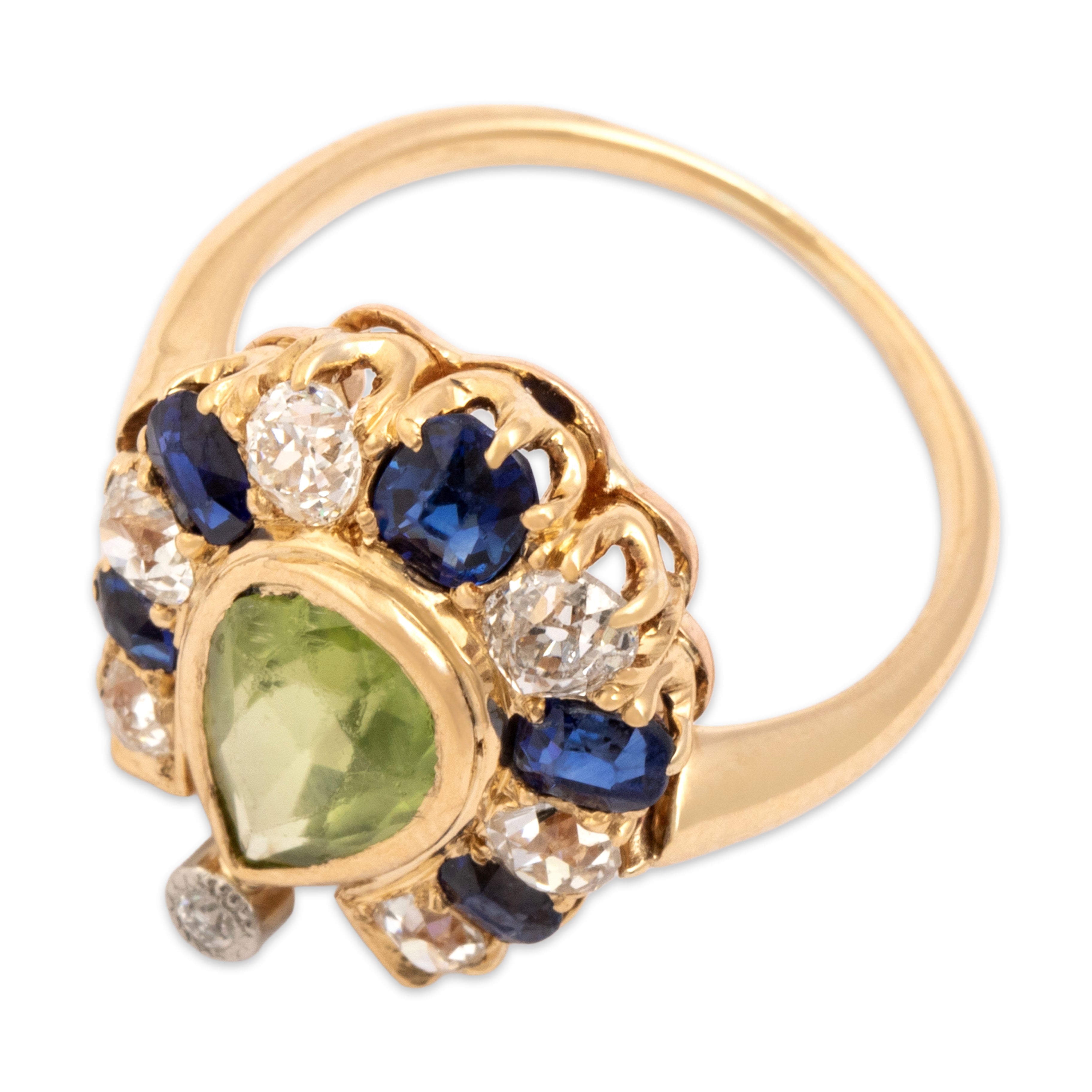 Antique 14k Yellow Gold 1.16ct Natural Peridot .75cttw Blue Synthetic Sapphire .54cttw Old Mine Cut Diamond Splendid Horseshoe Ring - Overall view