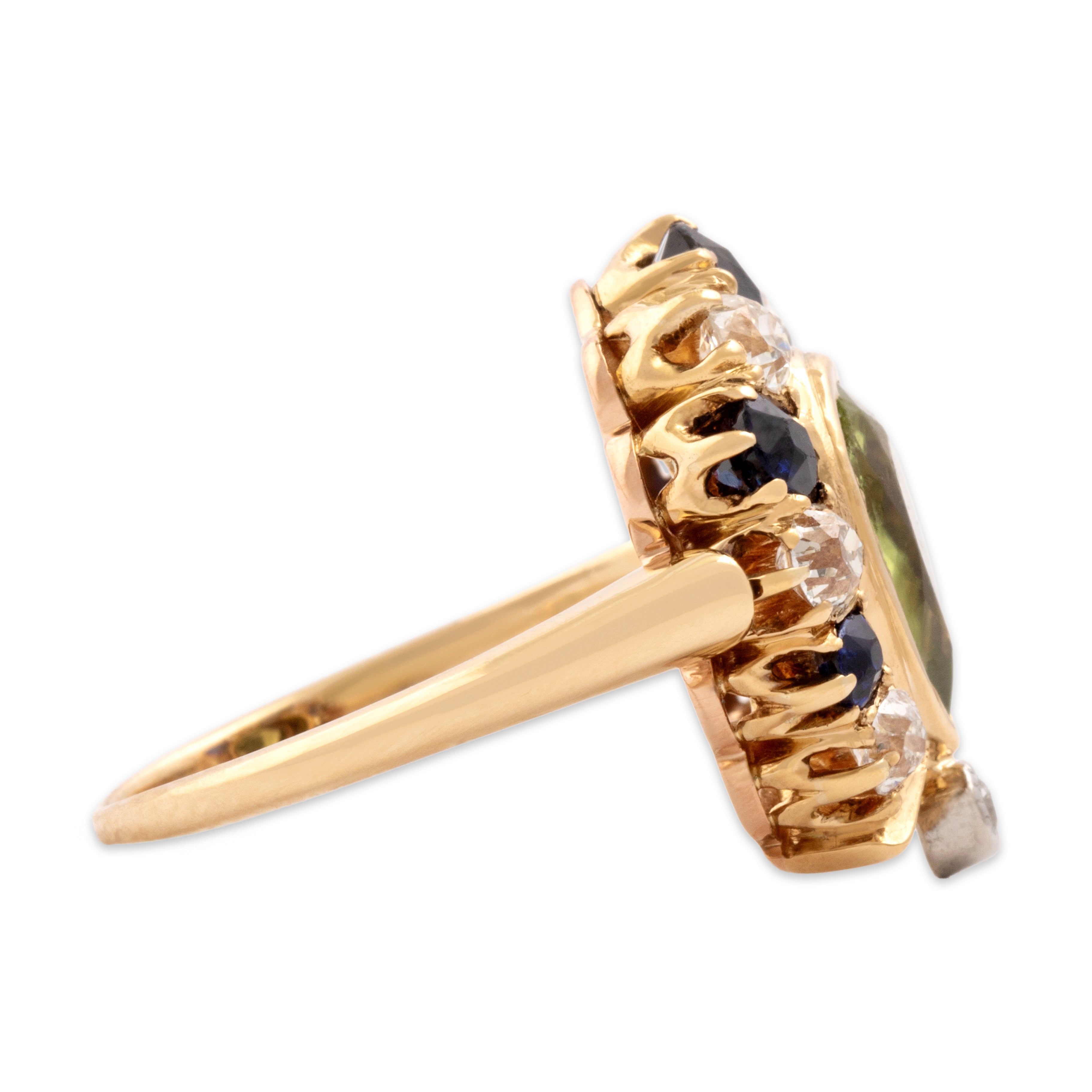 Antique 14k Yellow Gold 1.16ct Natural Peridot .75cttw Blue Synthetic Sapphire .54cttw Old Mine Cut Diamond Splendid Horseshoe Ring - Side view