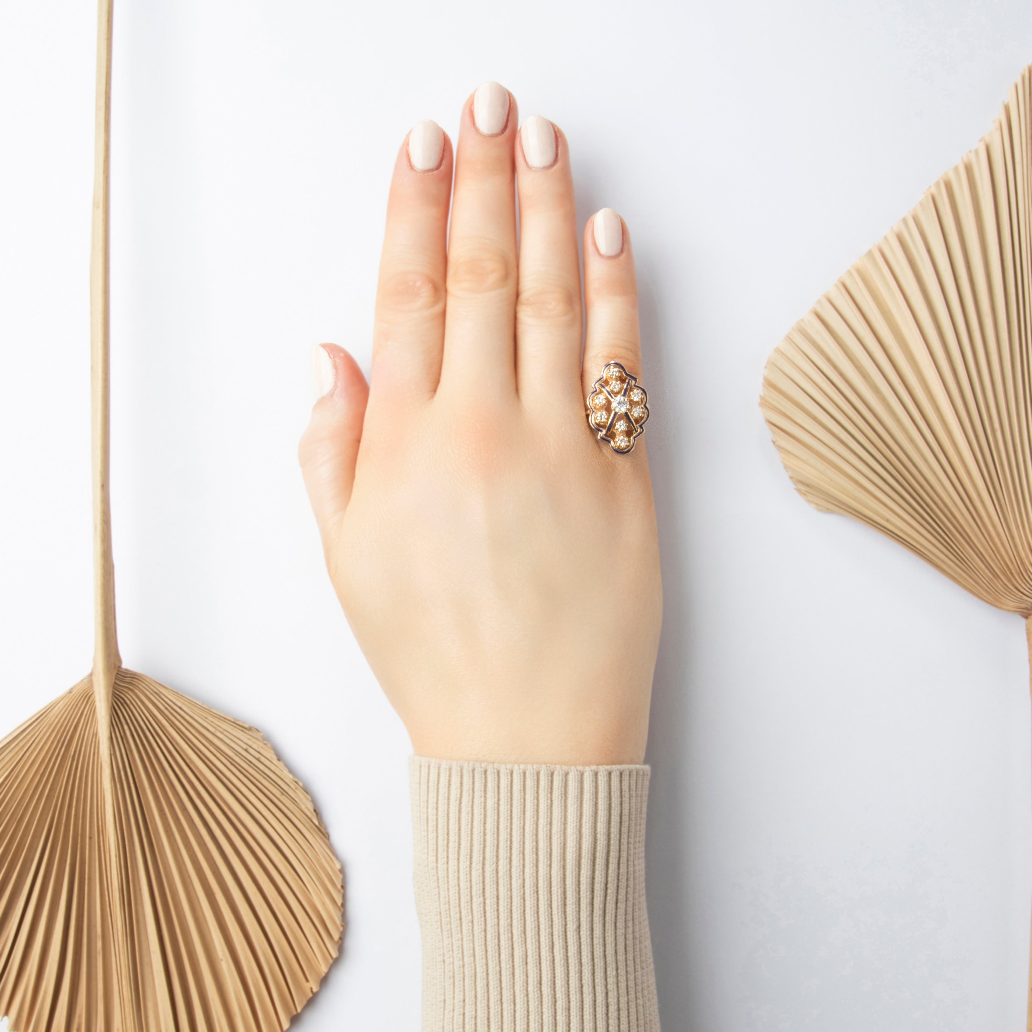 Vintage 14k Yellow Gold .6cttw Diamond Cluster Ring With Enamel Outline - On model view