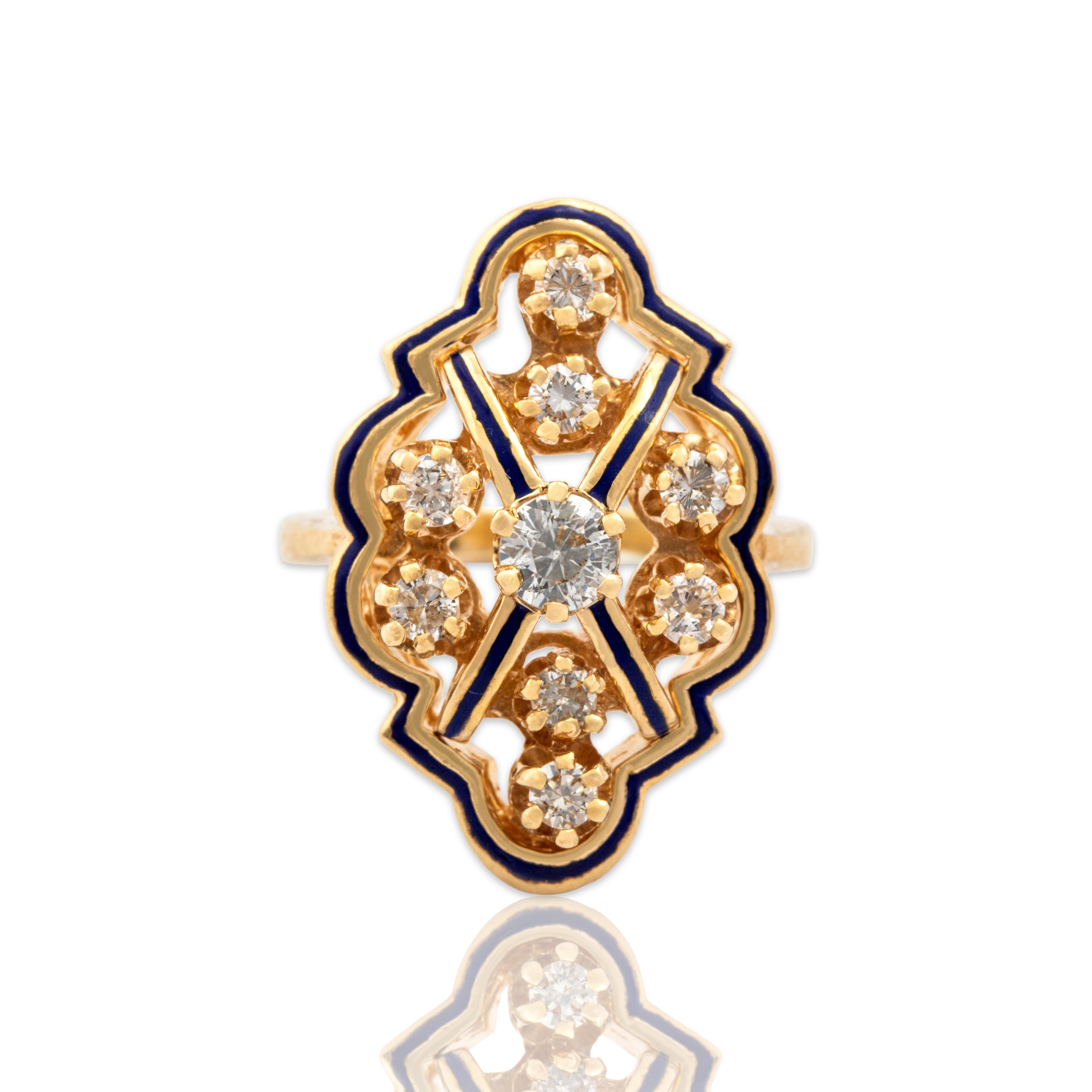 Vintage 14k Yellow Gold .6cttw Diamond Cluster Ring With Enamel Outline - Close-up view