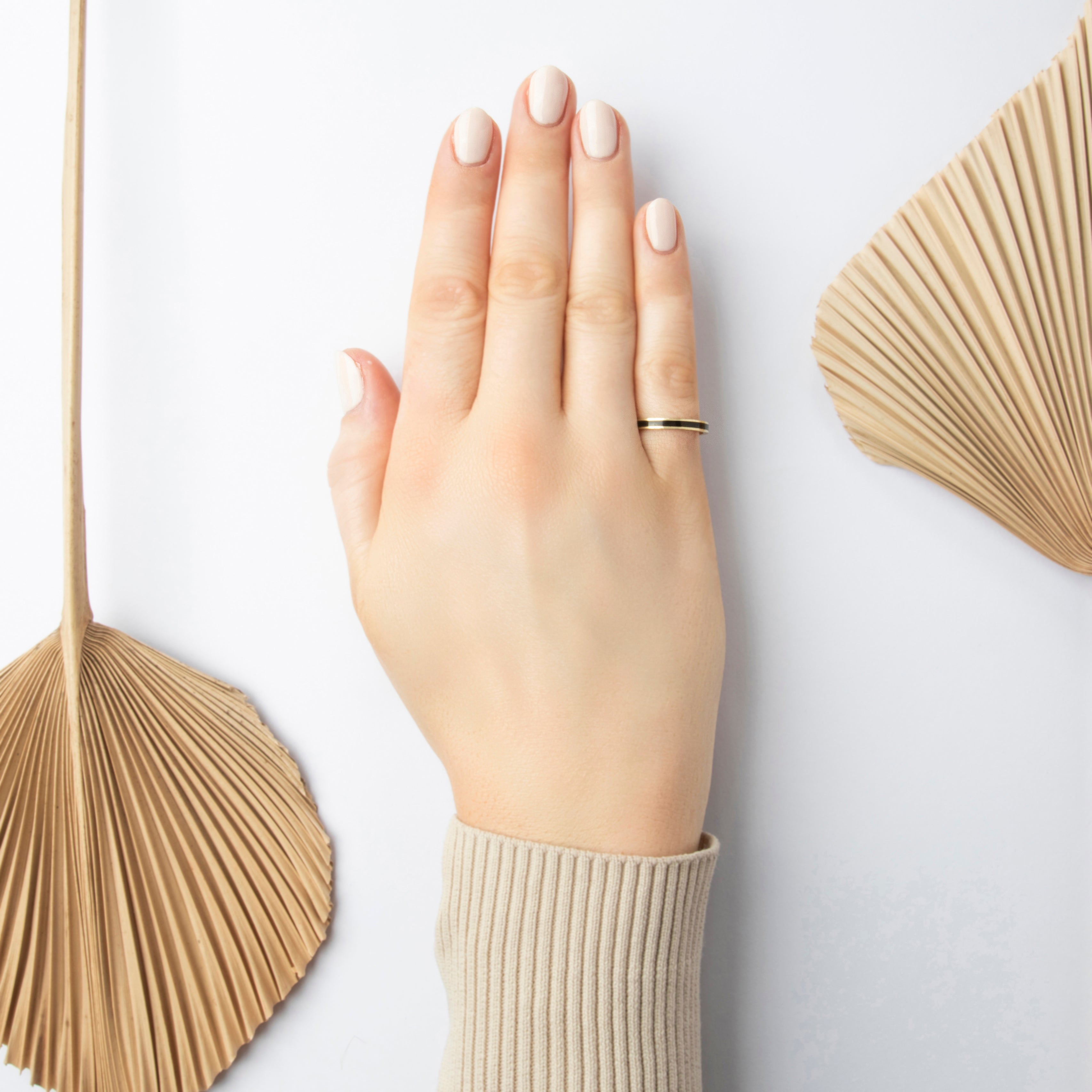 Vintage 14k Yellow Gold Bold Enamel Line Band Ring - On model view