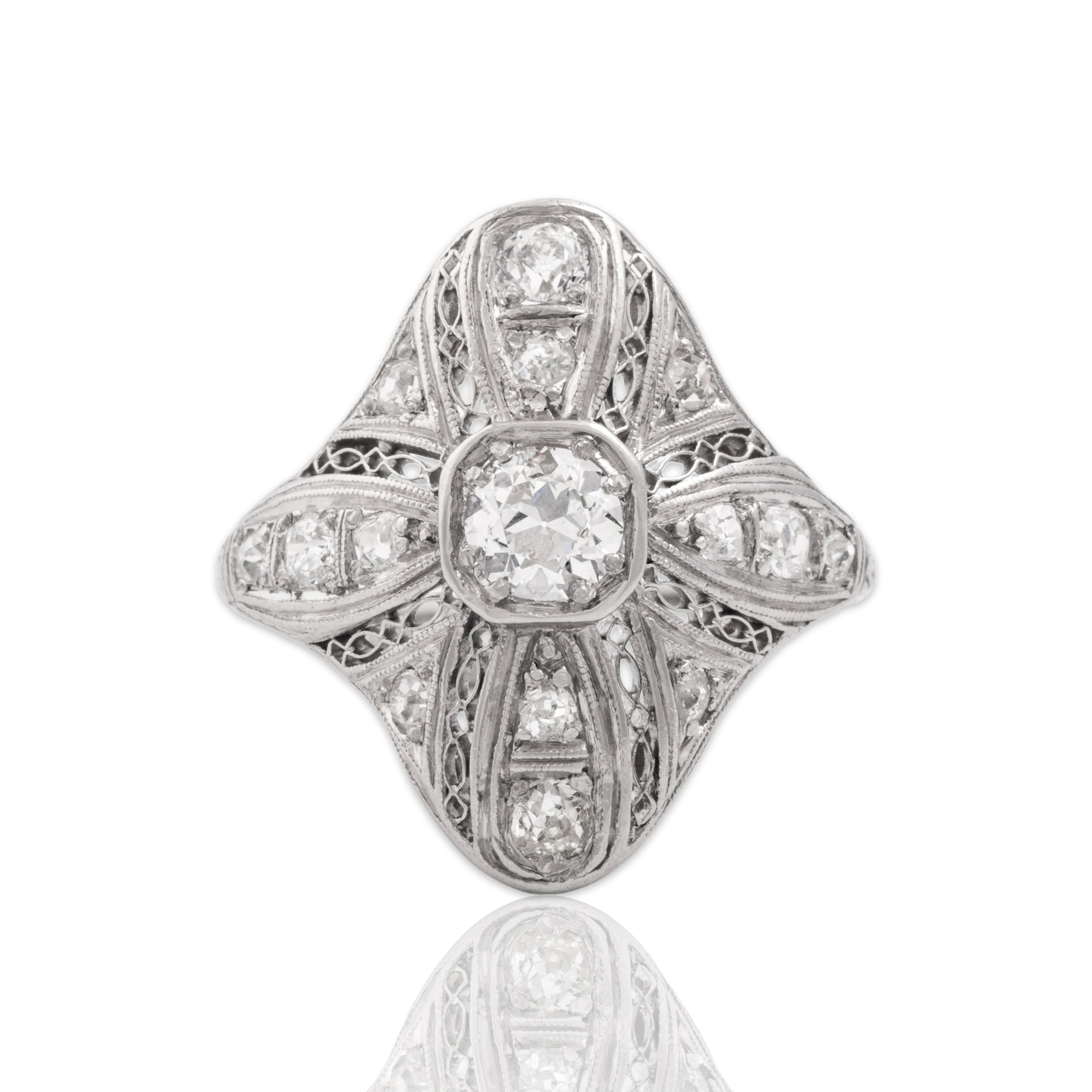 Antique Art Deco 18k White Gold .7cttw Old European & Old Mine Cut Diamond Ring 5.00