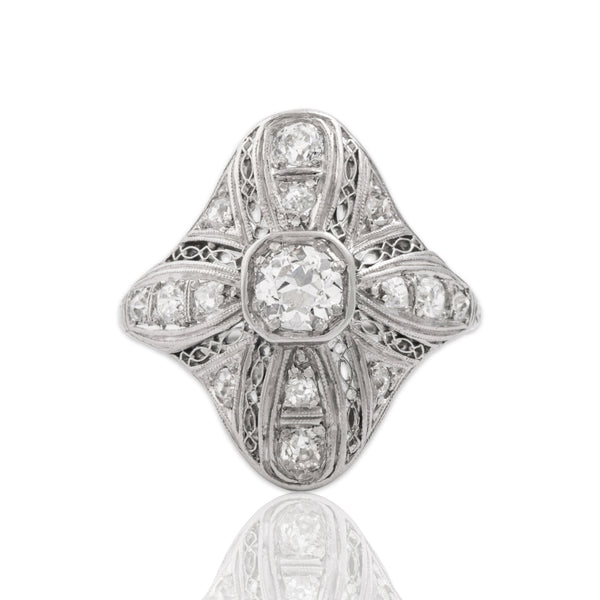 Antique Art Deco 18k White Gold .7cttw Old European & Old Mine Cut Diamond Ring 5.00