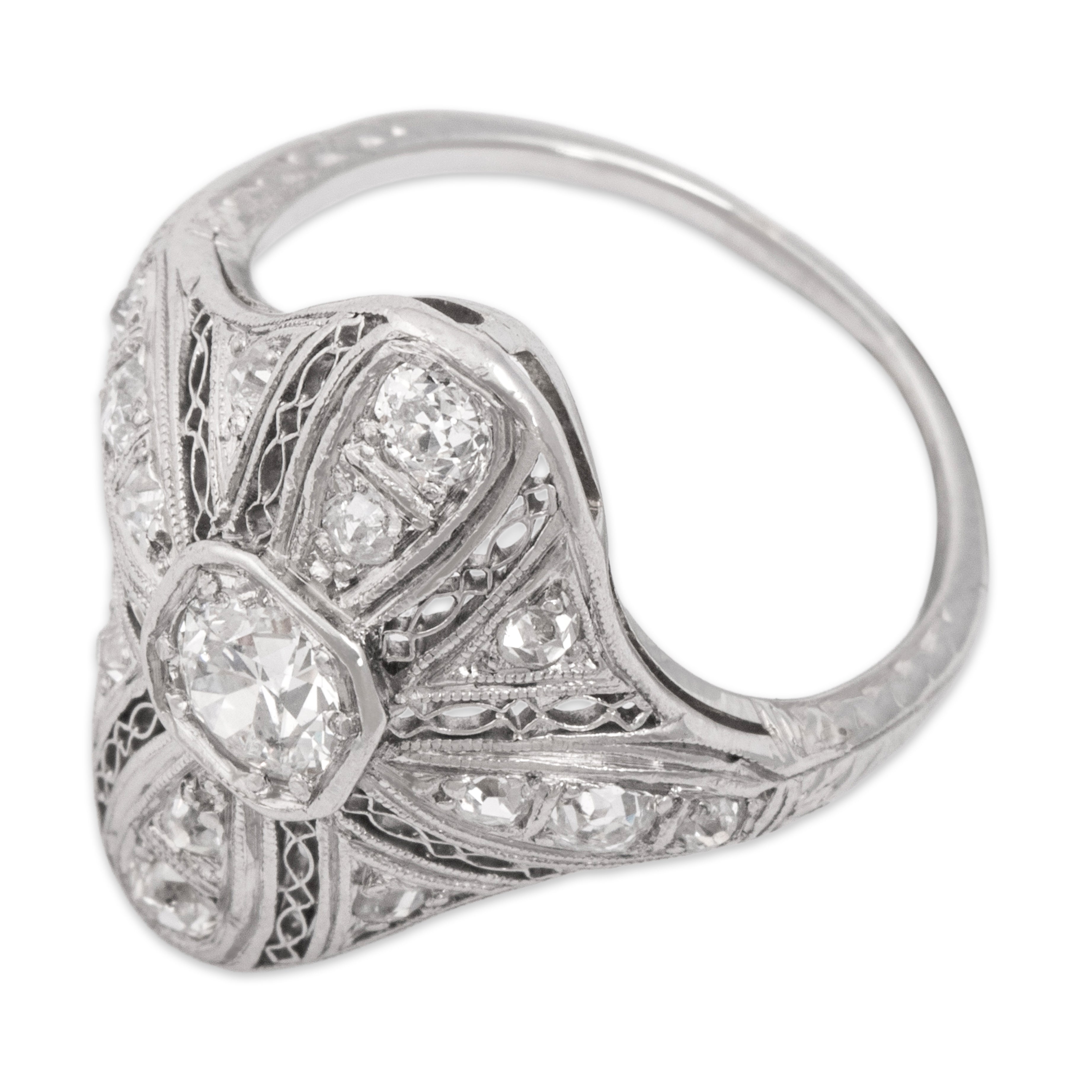 Antique Art Deco 18k White Gold .7cttw Old European & Old Mine Cut Diamond Delicate Openwork Shield Ring - Overall view