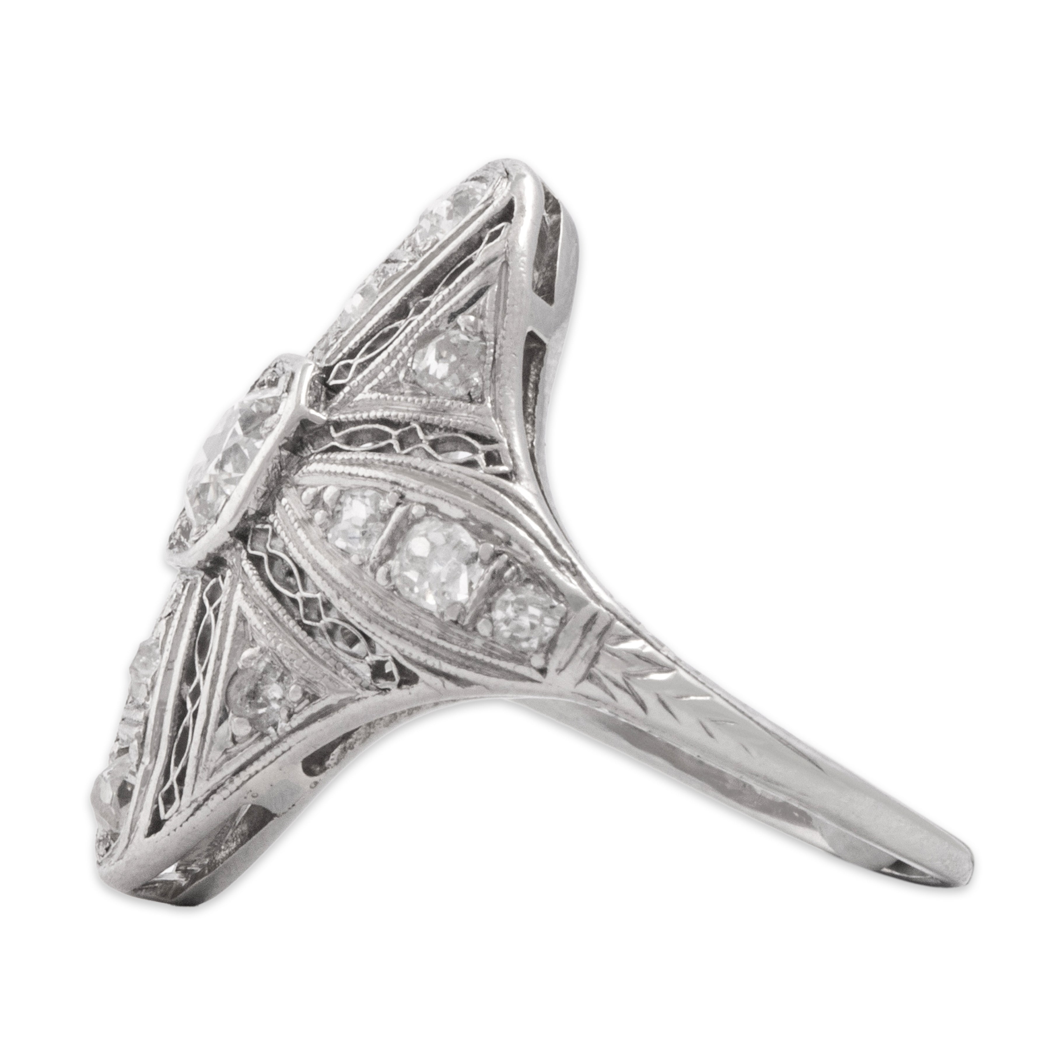 Antique Art Deco 18k White Gold .7cttw Old European & Old Mine Cut Diamond Delicate Openwork Shield Ring - Side view
