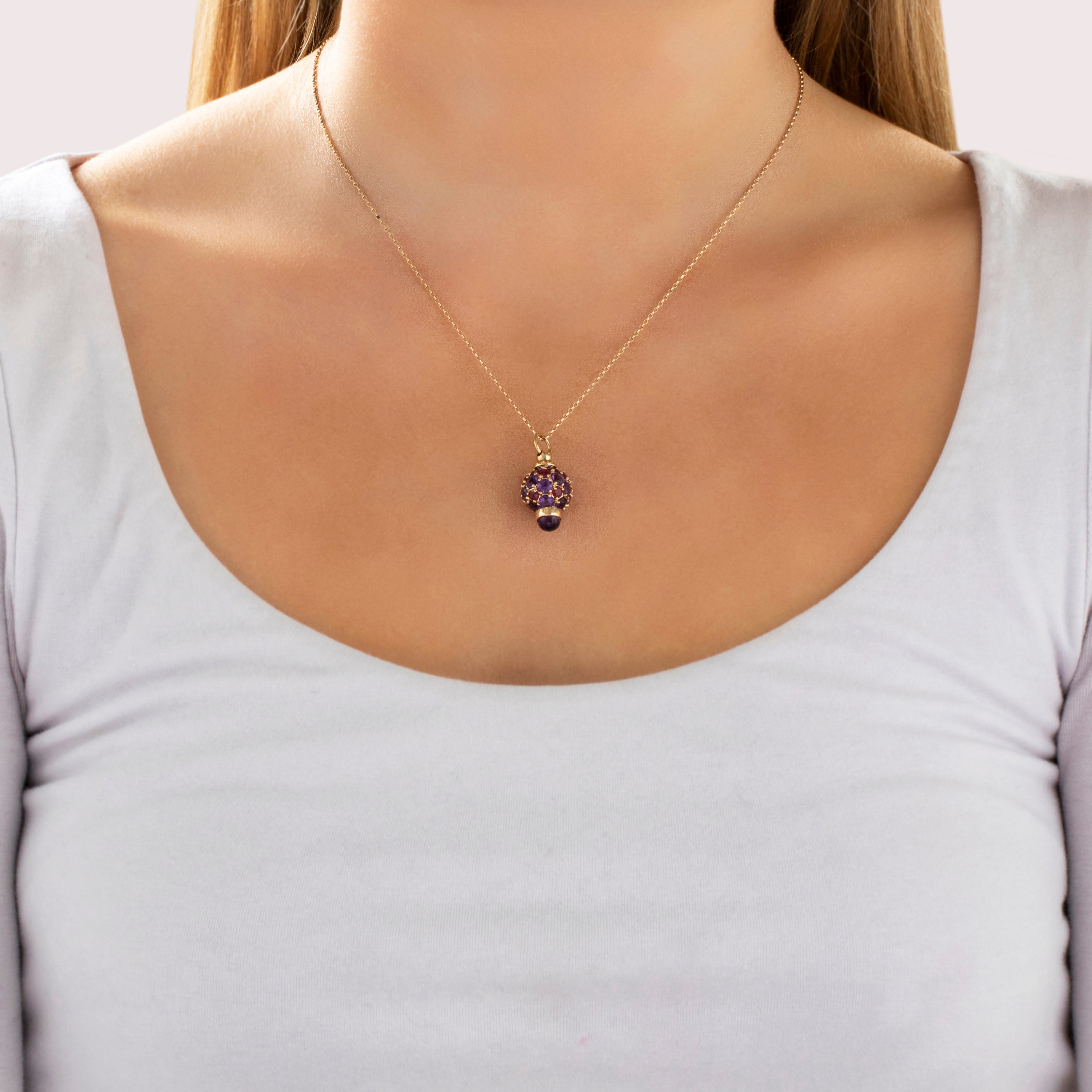 Vintage 14k Yellow Gold 4.71cttw Amethyst 1.04cttw Ruby Vibrant Encrusted Bobble Charm / Pendant - On model view