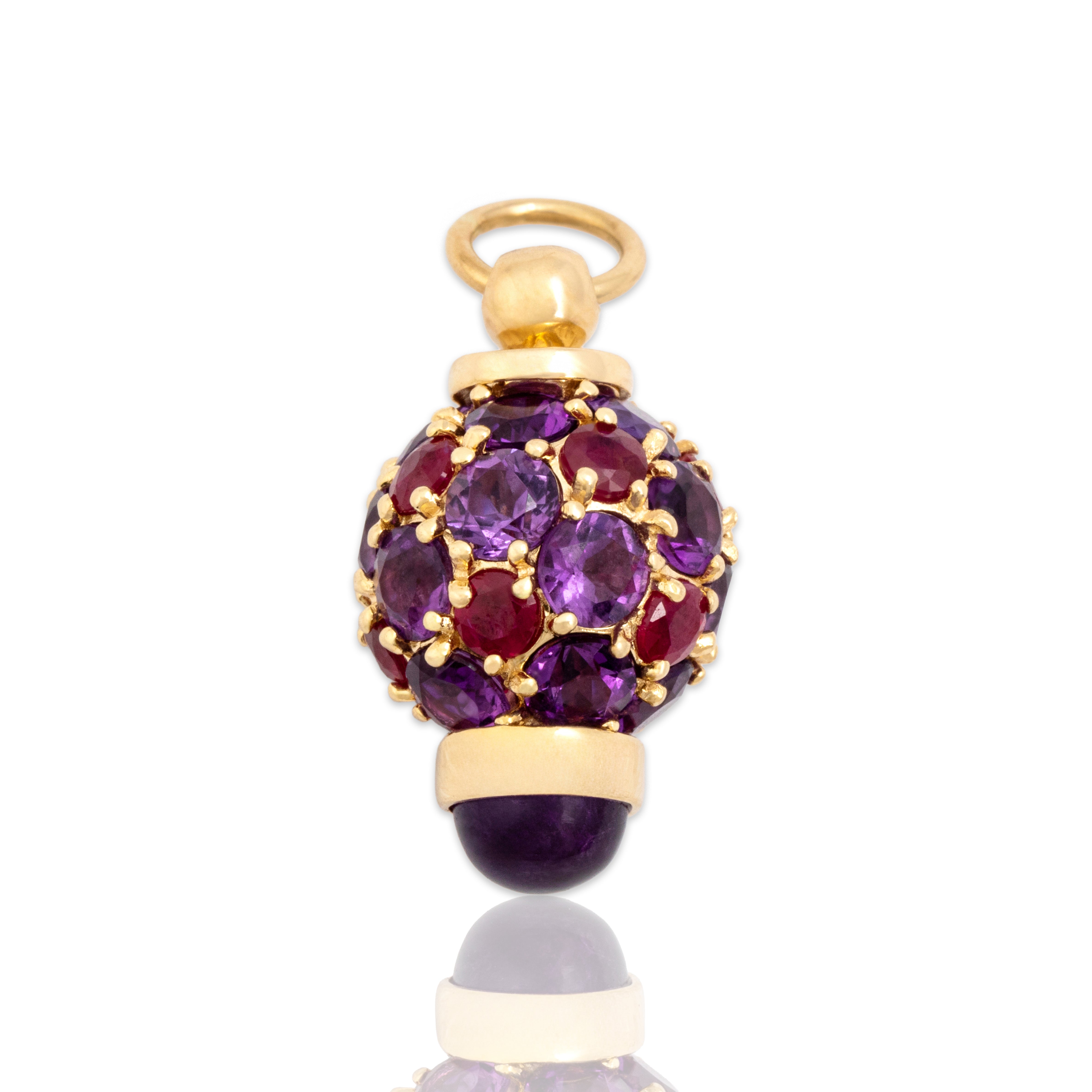 Vintage 14k Yellow Gold 4.71cttw Amethyst 1.04cttw Ruby Vibrant Encrusted Bobble Charm / Pendant - Close-up view