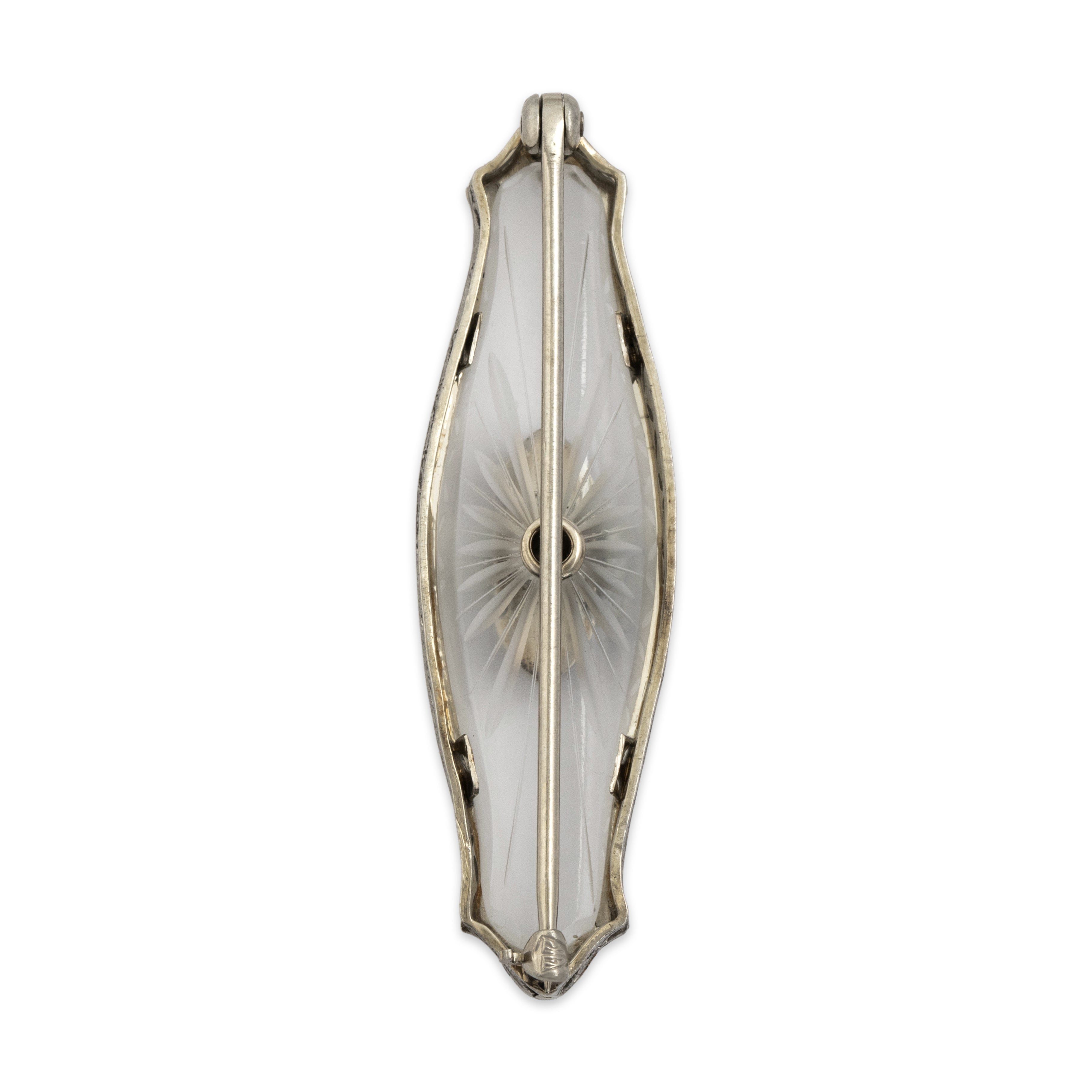 Antique Art Deco 14k White Gold Camphor Glass Old European Cut Diamond Dimensional Enamel Arrows Brooch / Pin - Back view