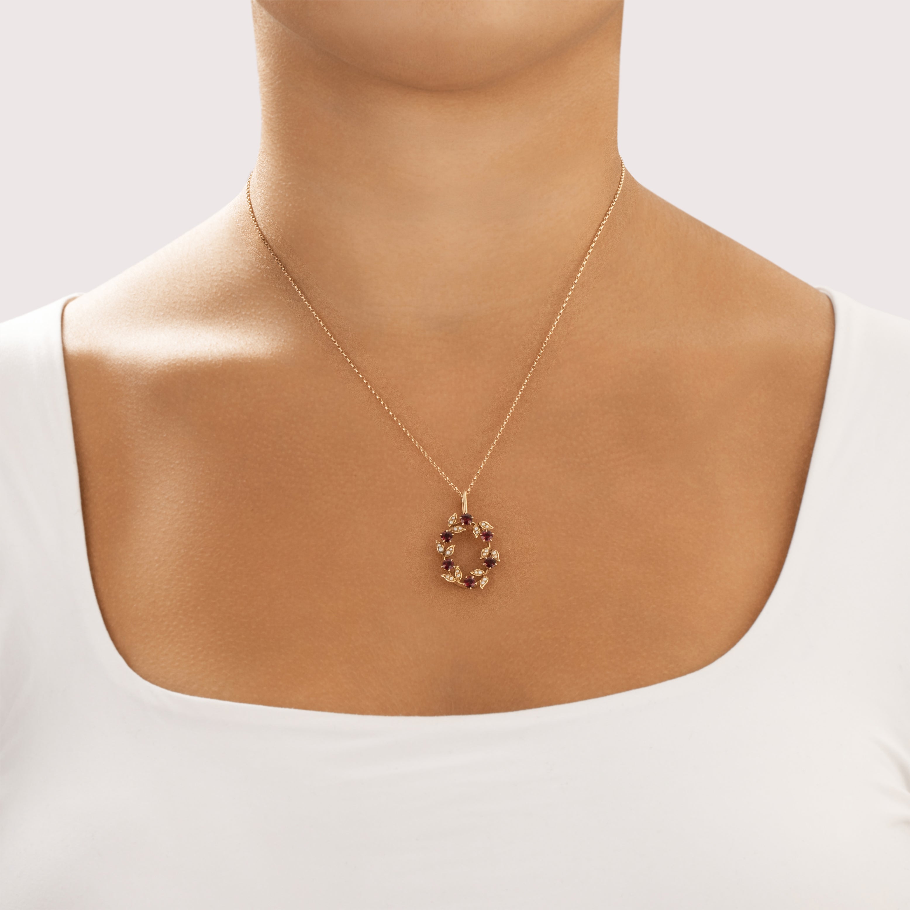 Vintage 14k Yellow Gold 1.15cttw Garnet Seed Pearl Festive Crimson Wreath Pendant - On model view