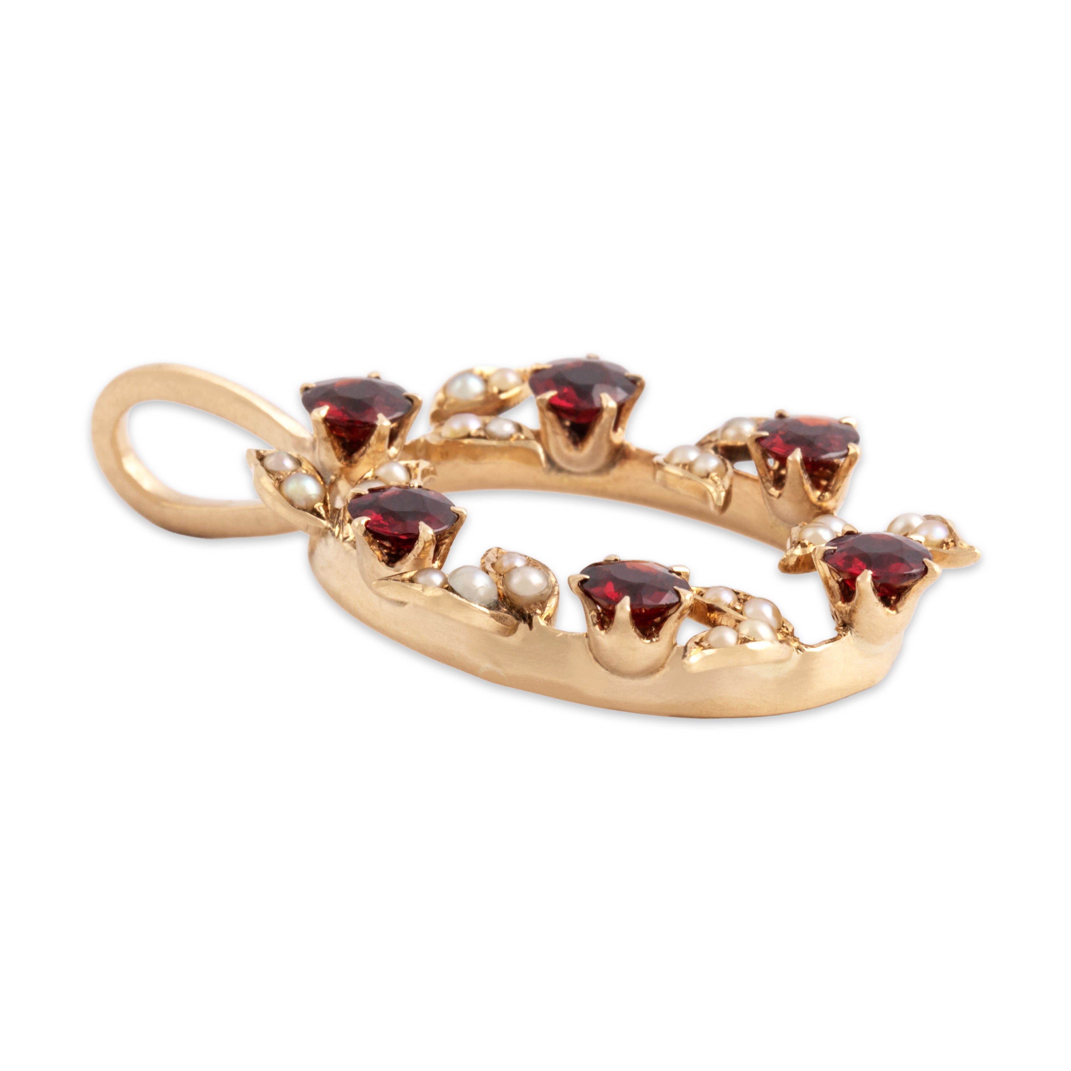 Vintage 14k Yellow Gold 1.15cttw Garnet Seed Pearl Festive Crimson Wreath Pendant - Side view