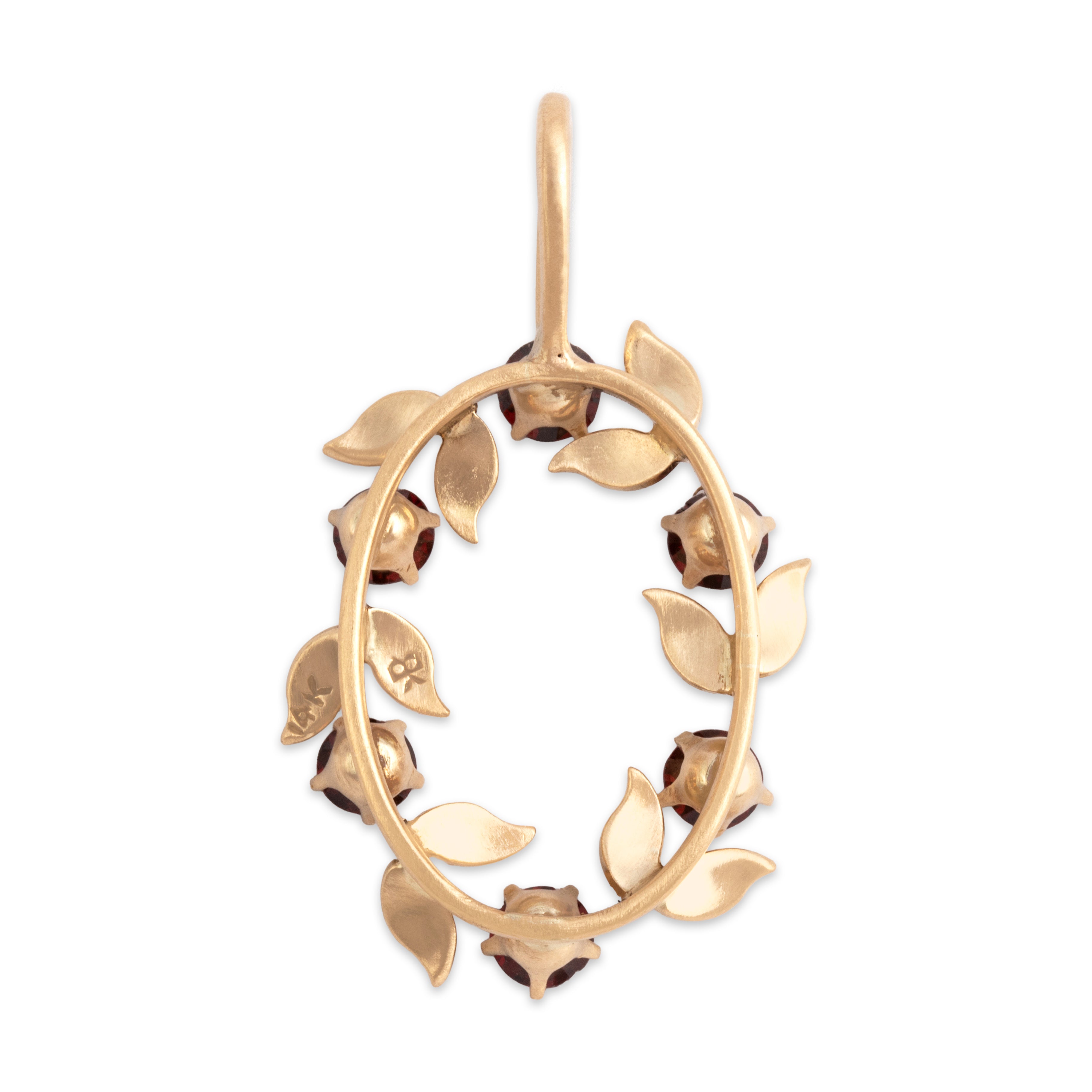 Vintage 14k Yellow Gold 1.15cttw Garnet Seed Pearl Festive Crimson Wreath Pendant - Back view