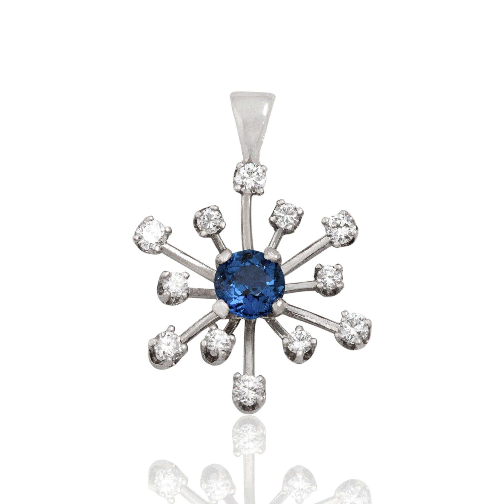 Vintage Platinum Synthetic Blue Sapphire Natural Diamond Bright Burst Pendant