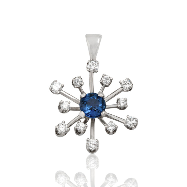 Vintage Platinum Synthetic Blue Sapphire Natural Diamond Bright Burst Pendant