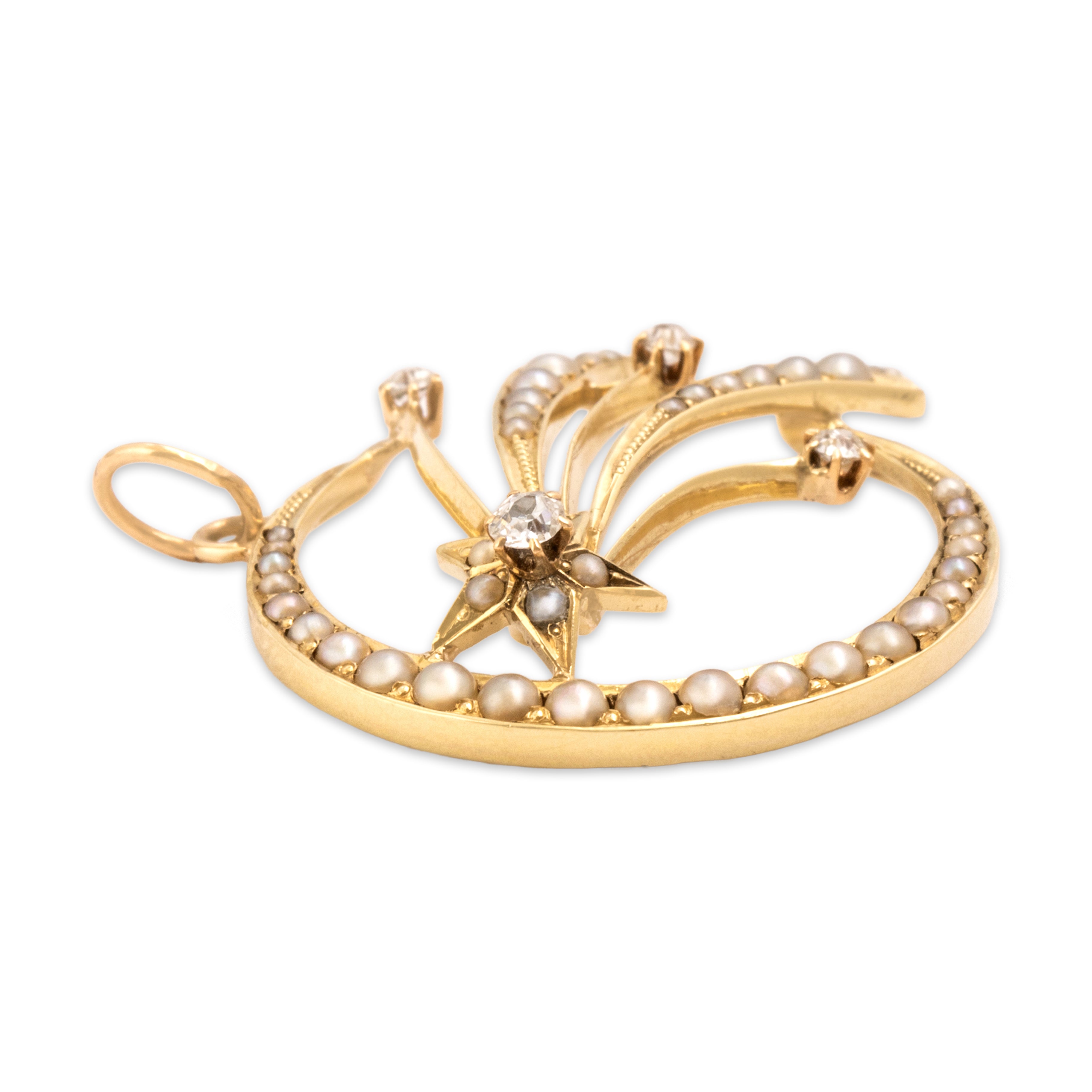 Antique Victorian 14k Yellow Gold Old Mine Cut Diamond Seed Pearl Celestial Shooting Star Pendant - Side view