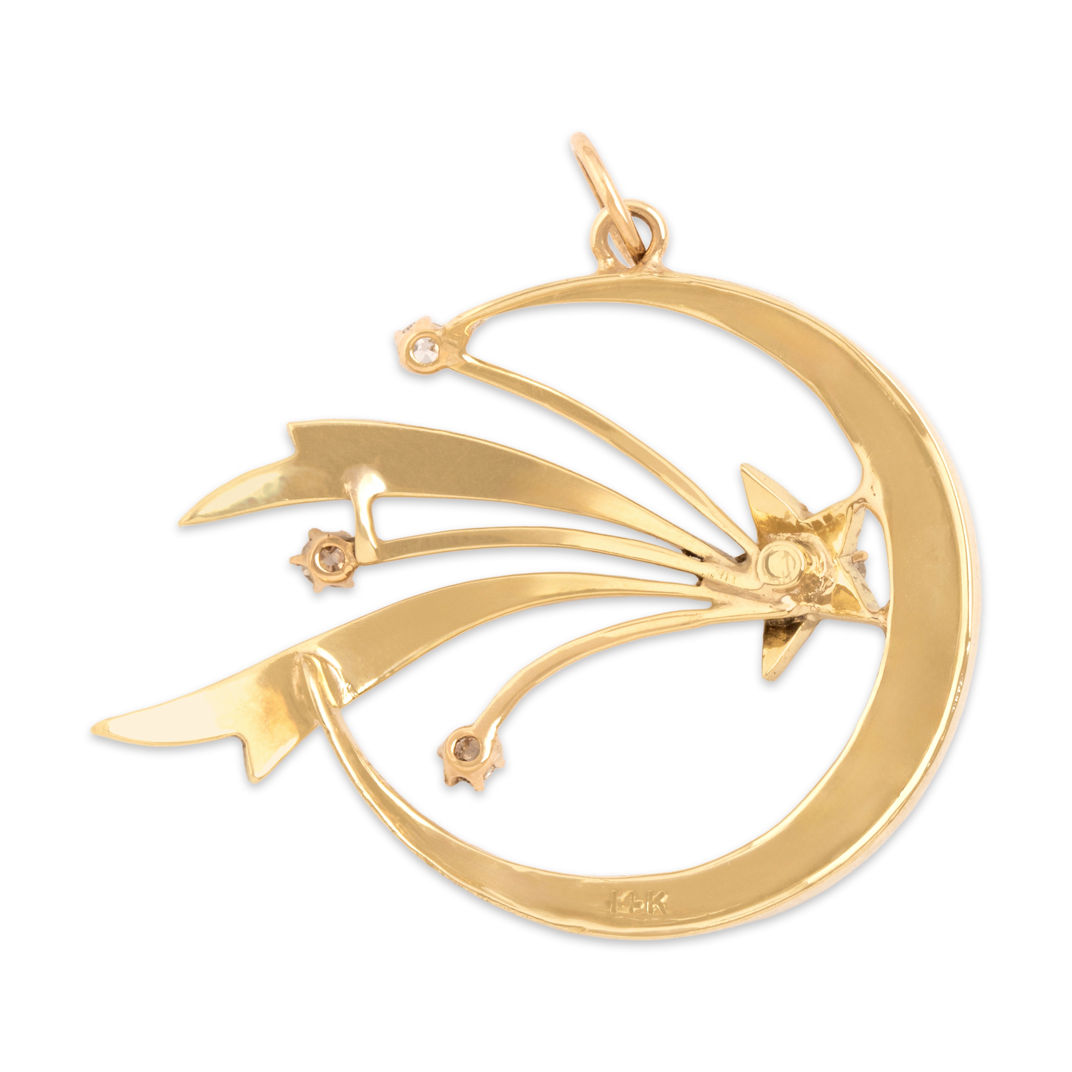 Antique Victorian 14k Yellow Gold Old Mine Cut Diamond Seed Pearl Celestial Shooting Star Pendant - Back view