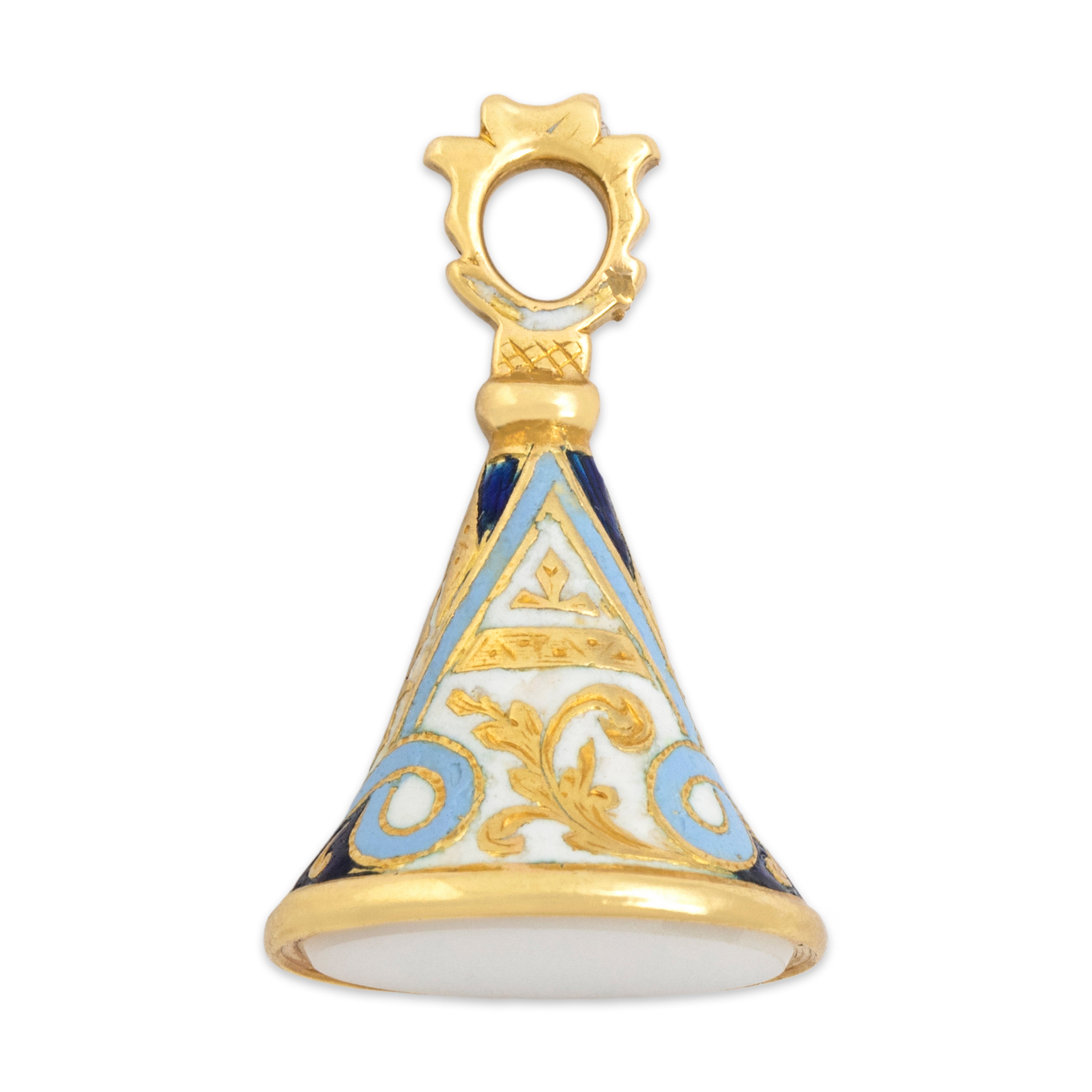 Antique 18k Yellow Gold White Chalcedony Ornate Enamel Watch Fob Pendant - Overall view