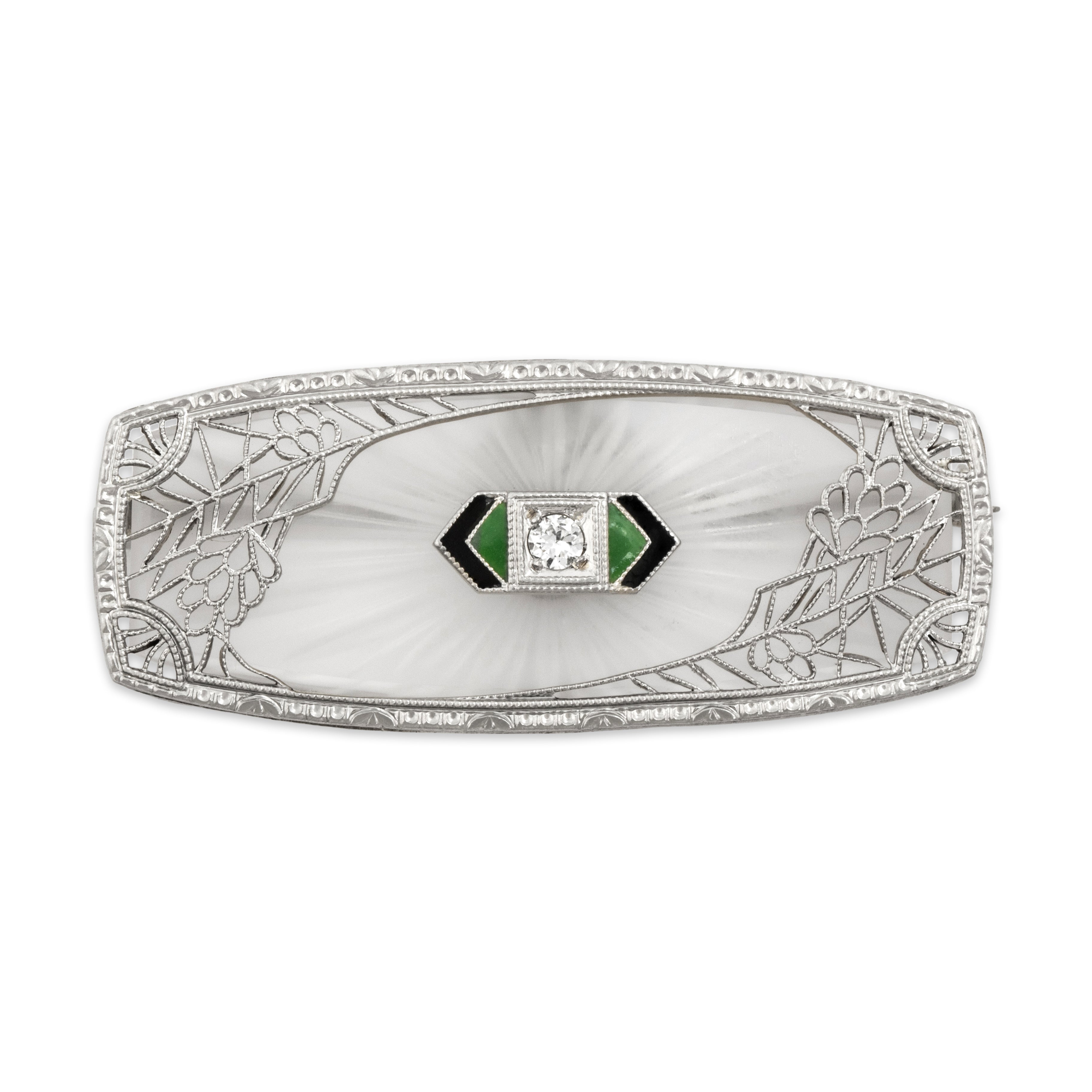 Antique Art Deco 14k White Gold Old European Cut Diamond Camphor Glass Superb Openwork Enamel Decorated Brooch / Pin - Close-up view
