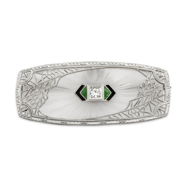 Antique Art Deco 14k White Gold Old European Cut Diamond Camphor Glass Brooch / Pin