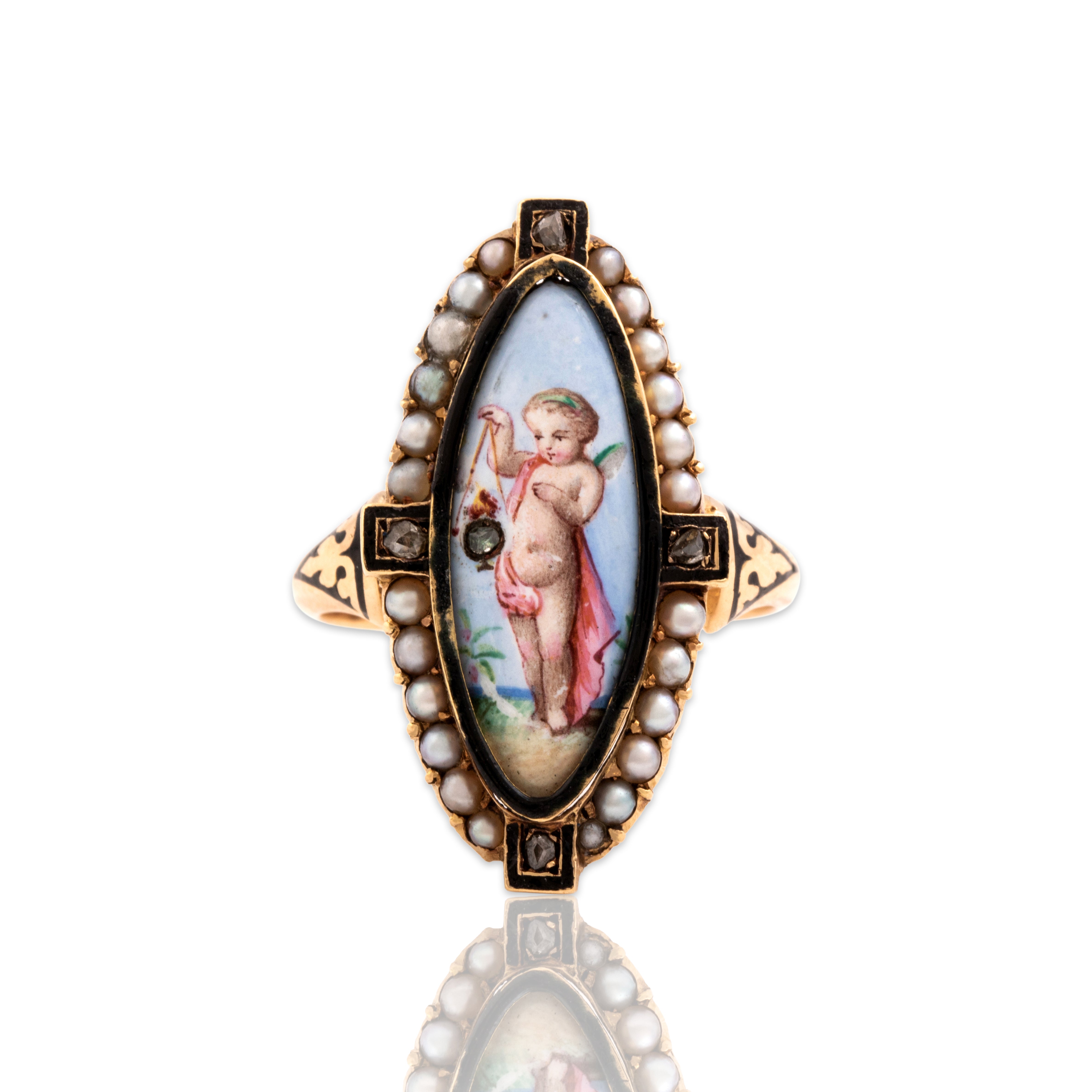 Antique Victorian 18k Yellow Gold Diamond Pearl Exquisite Enamel Painted Cherub Navette Ring - Close-up view