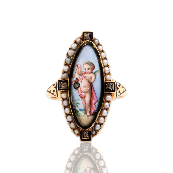 Antique Victorian 18k Yellow Gold Diamond Pearl Enamel Painted Cherub Ring 6.75