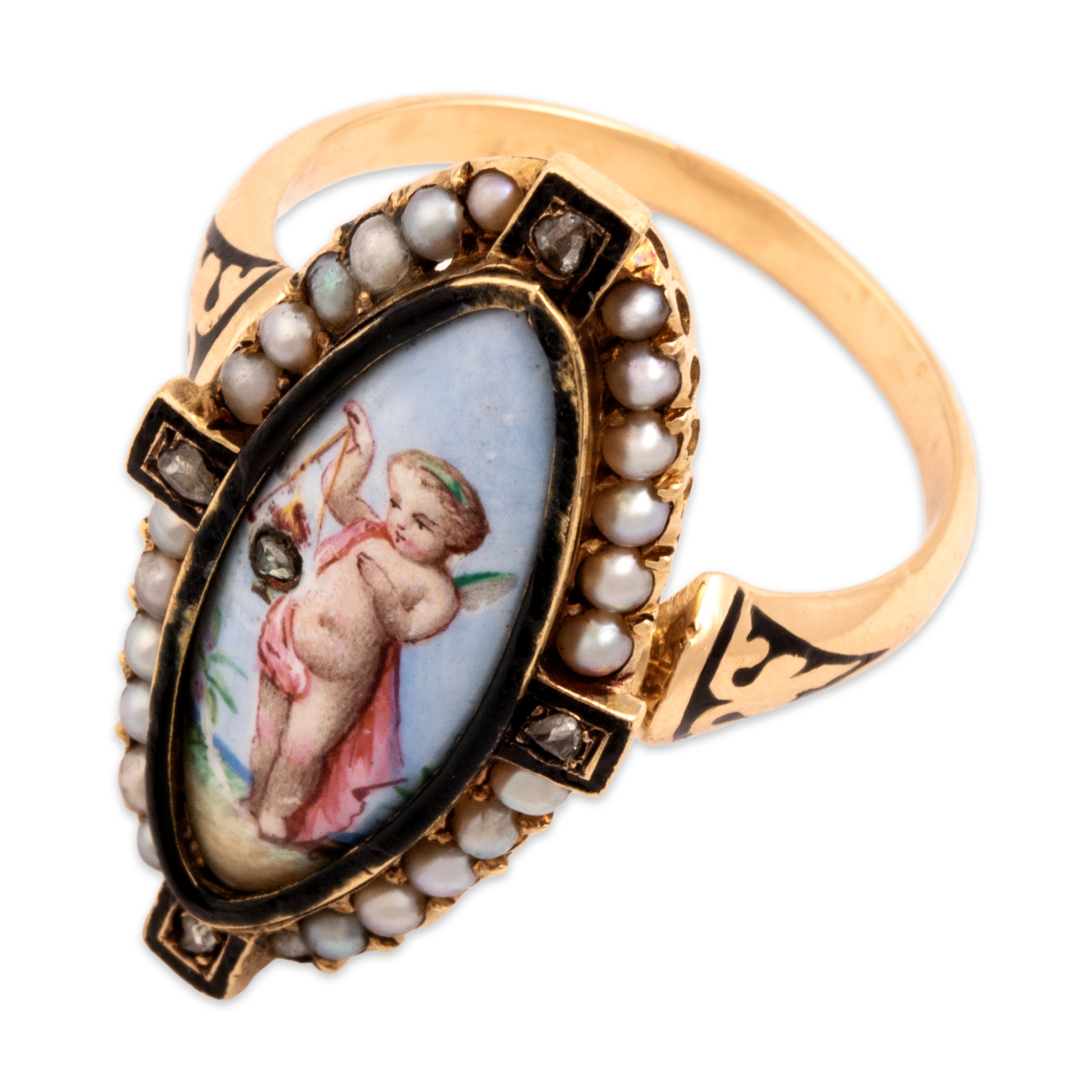Antique Victorian 18k Yellow Gold Diamond Pearl Exquisite Enamel Painted Cherub Navette Ring - Overall view