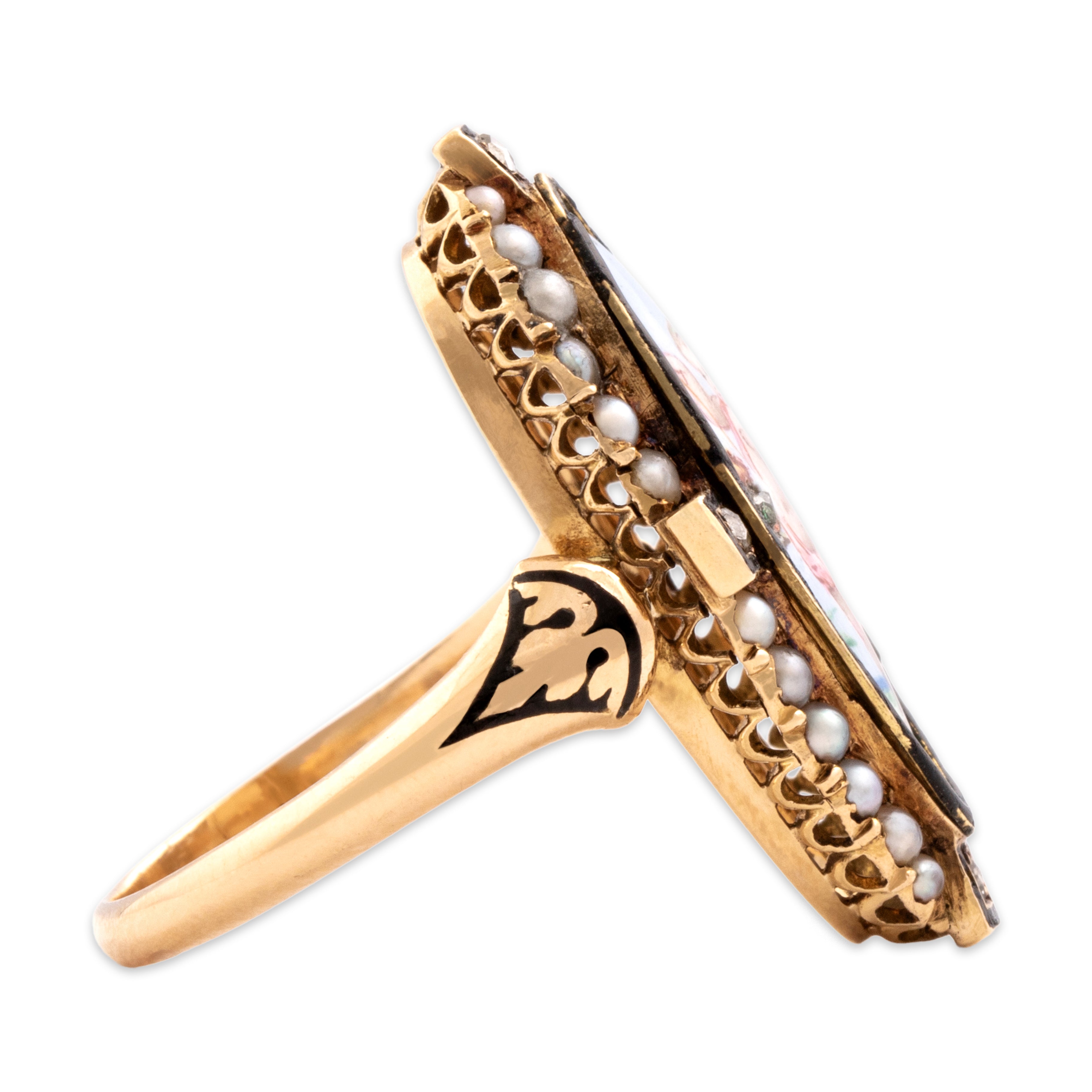Antique Victorian 18k Yellow Gold Diamond Pearl Exquisite Enamel Painted Cherub Navette Ring - Side view