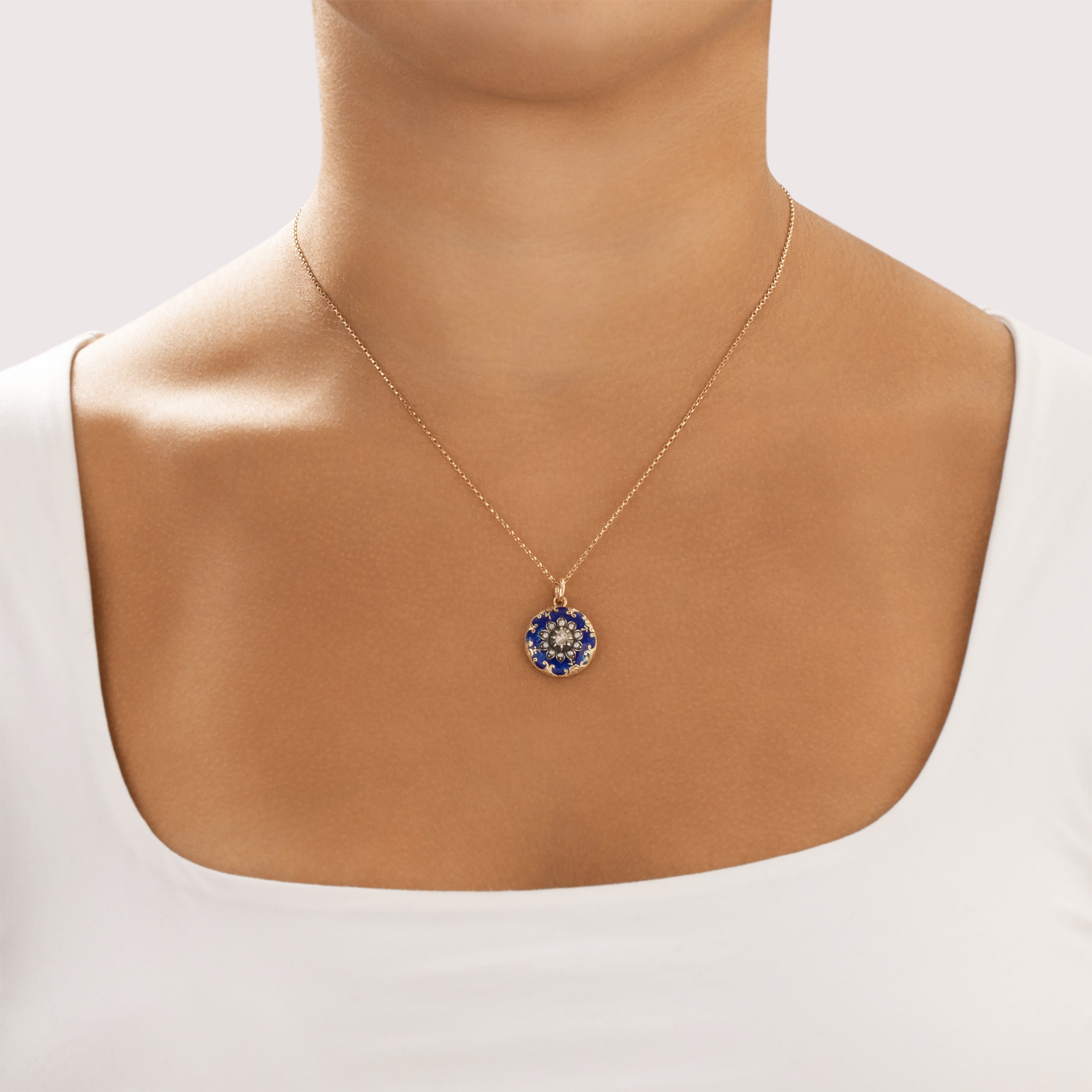 Antique Georgian 14k Rosy Yellow Gold & Silver Rose Cut Diamond Pearl Incredible Blue Enamel Decorated Dome Charm / Pendant - On model view